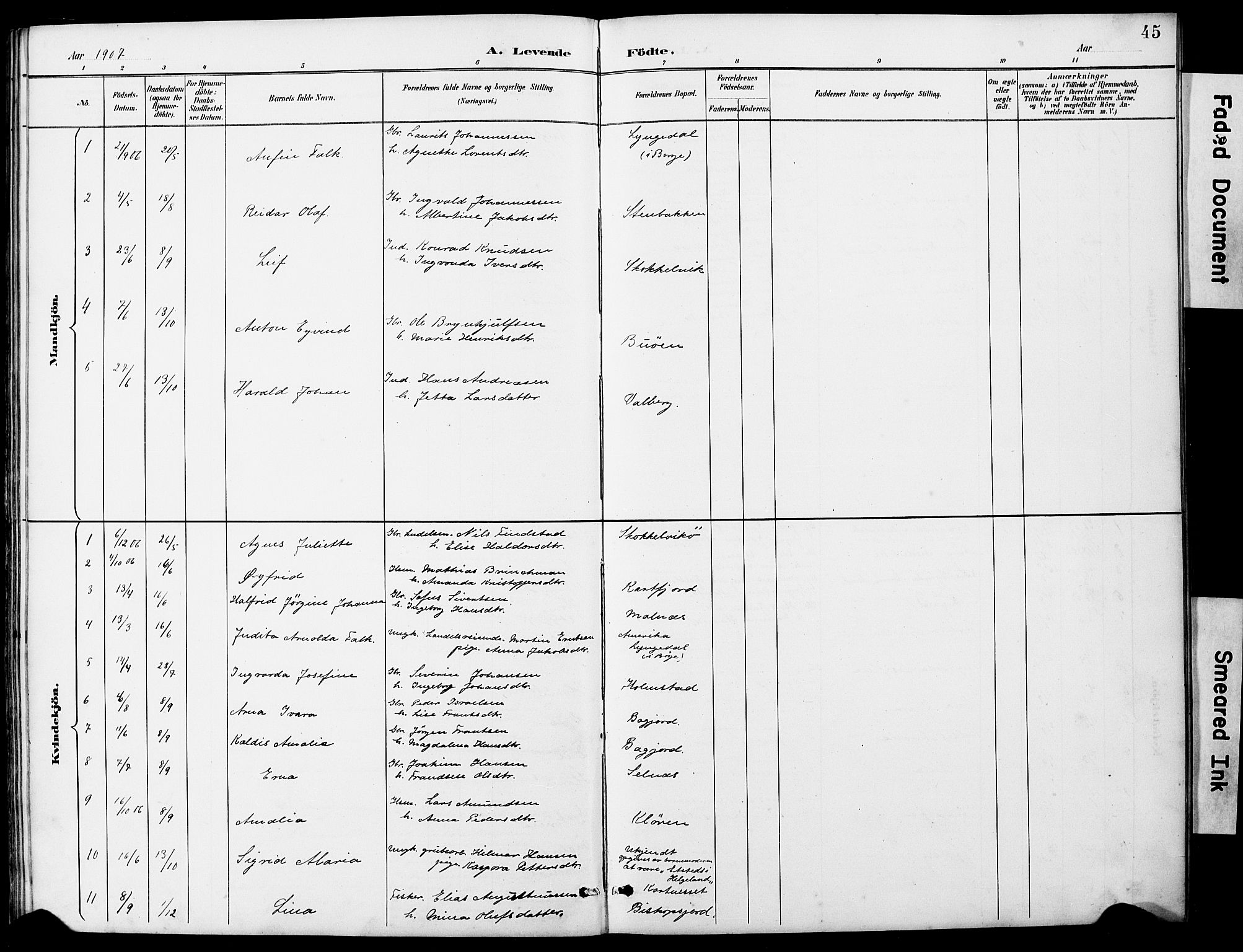 Ministerialprotokoller, klokkerbøker og fødselsregistre - Nordland, AV/SAT-A-1459/884/L1197: Parish register (copy) no. 884C03, 1888-1926, p. 45