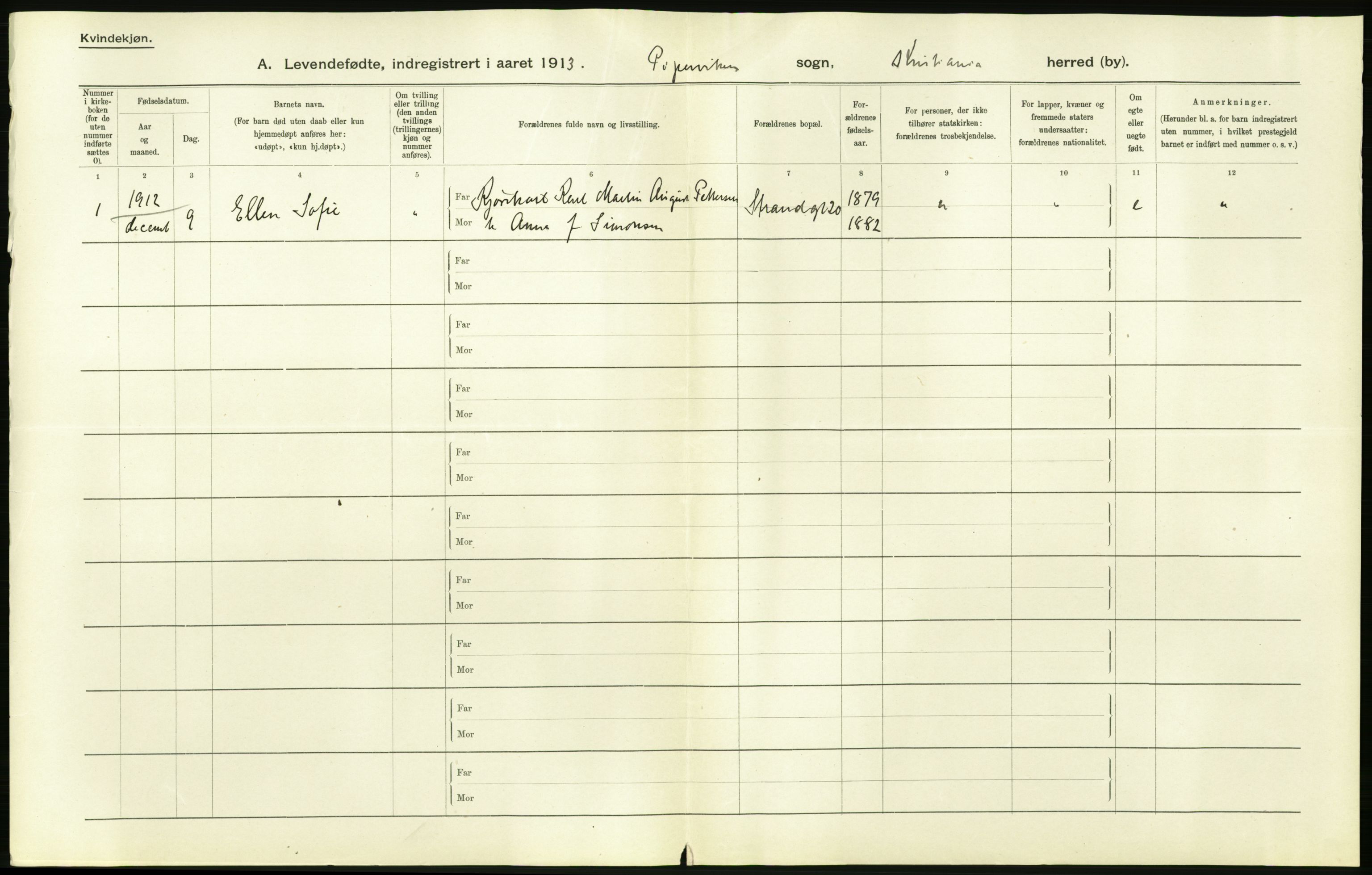 Statistisk sentralbyrå, Sosiodemografiske emner, Befolkning, AV/RA-S-2228/D/Df/Dfb/Dfbc/L0007: Kristiania: Levendefødte menn og kvinner., 1913, p. 332