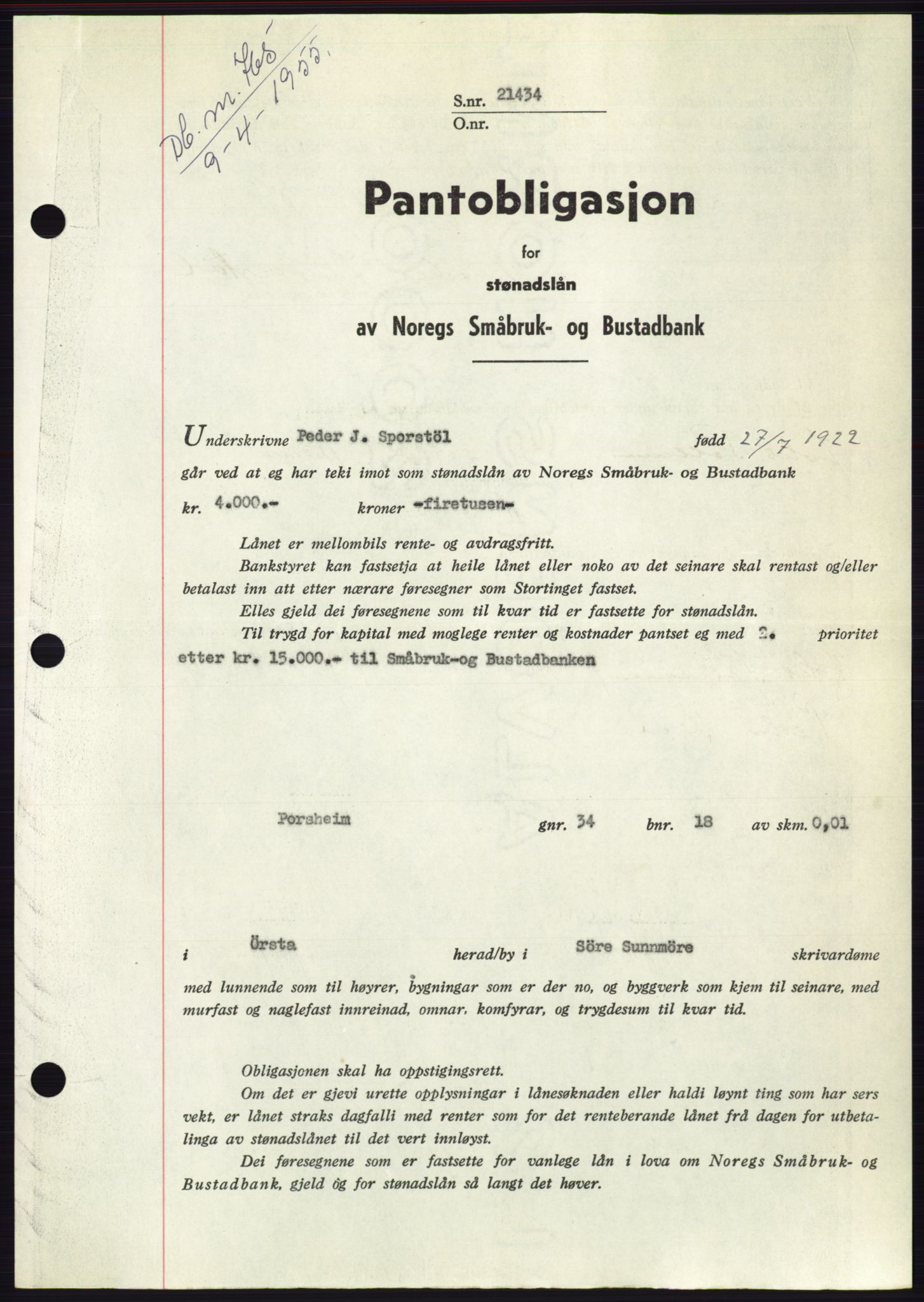 Søre Sunnmøre sorenskriveri, AV/SAT-A-4122/1/2/2C/L0126: Mortgage book no. 14B, 1954-1955, Diary no: : 765/1955