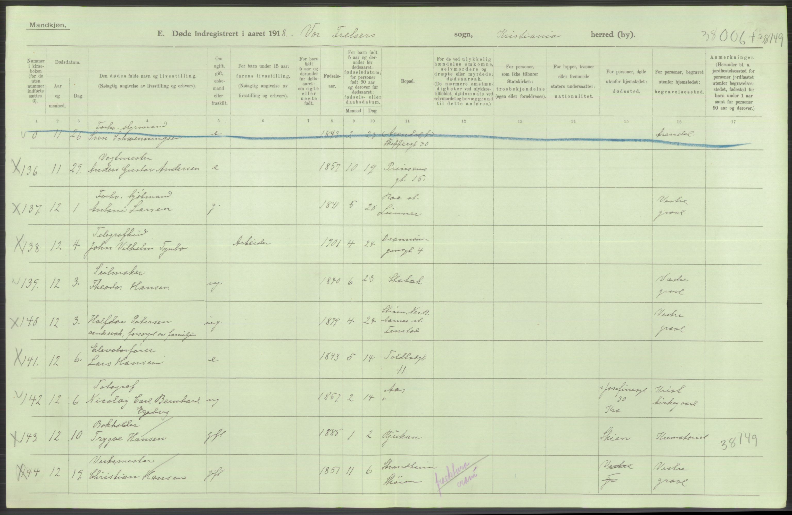 Statistisk sentralbyrå, Sosiodemografiske emner, Befolkning, AV/RA-S-2228/D/Df/Dfb/Dfbh/L0011: Kristiania: Døde, dødfødte, 1918, p. 190