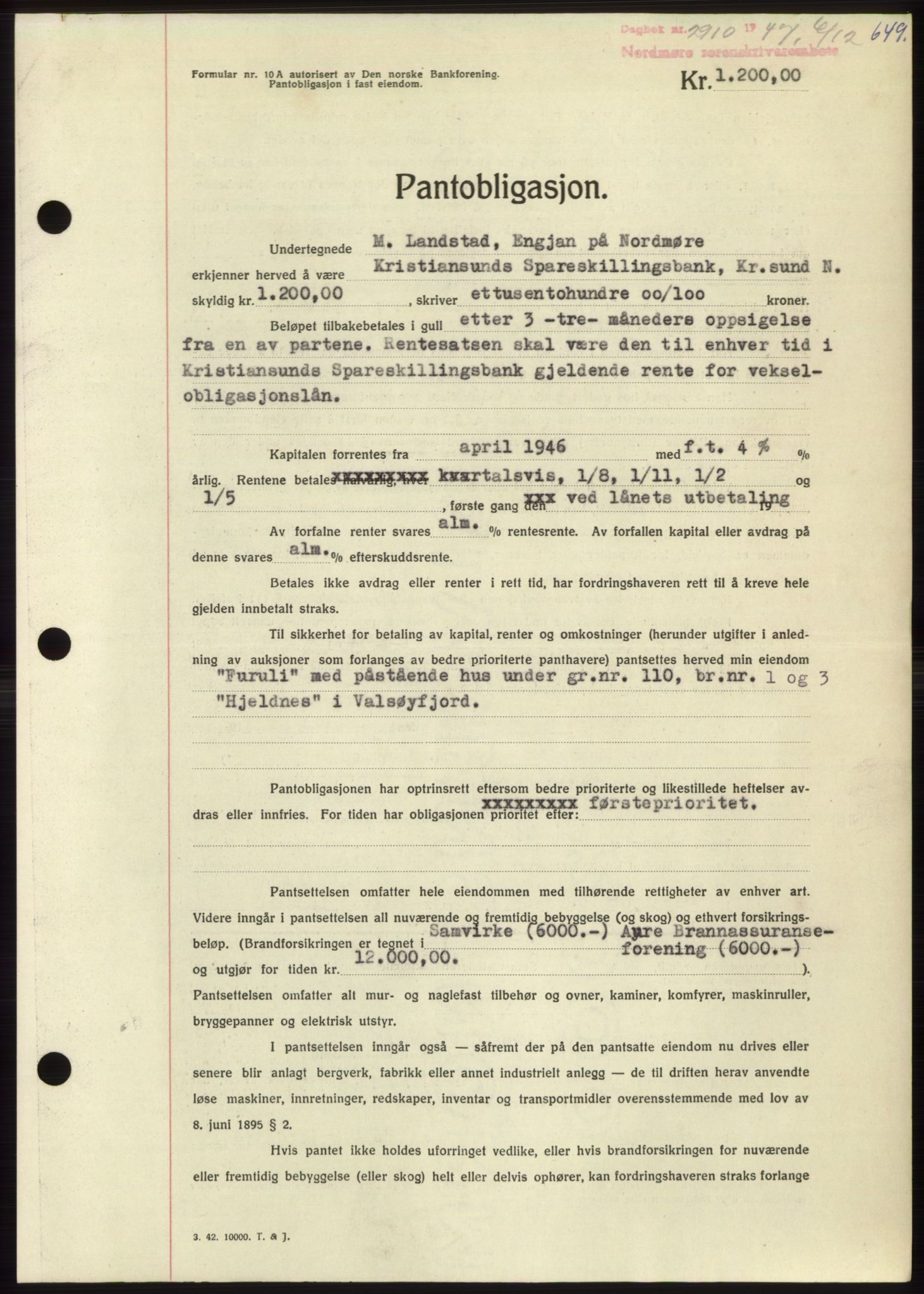 Nordmøre sorenskriveri, AV/SAT-A-4132/1/2/2Ca: Mortgage book no. B97, 1947-1948, Diary no: : 2910/1947