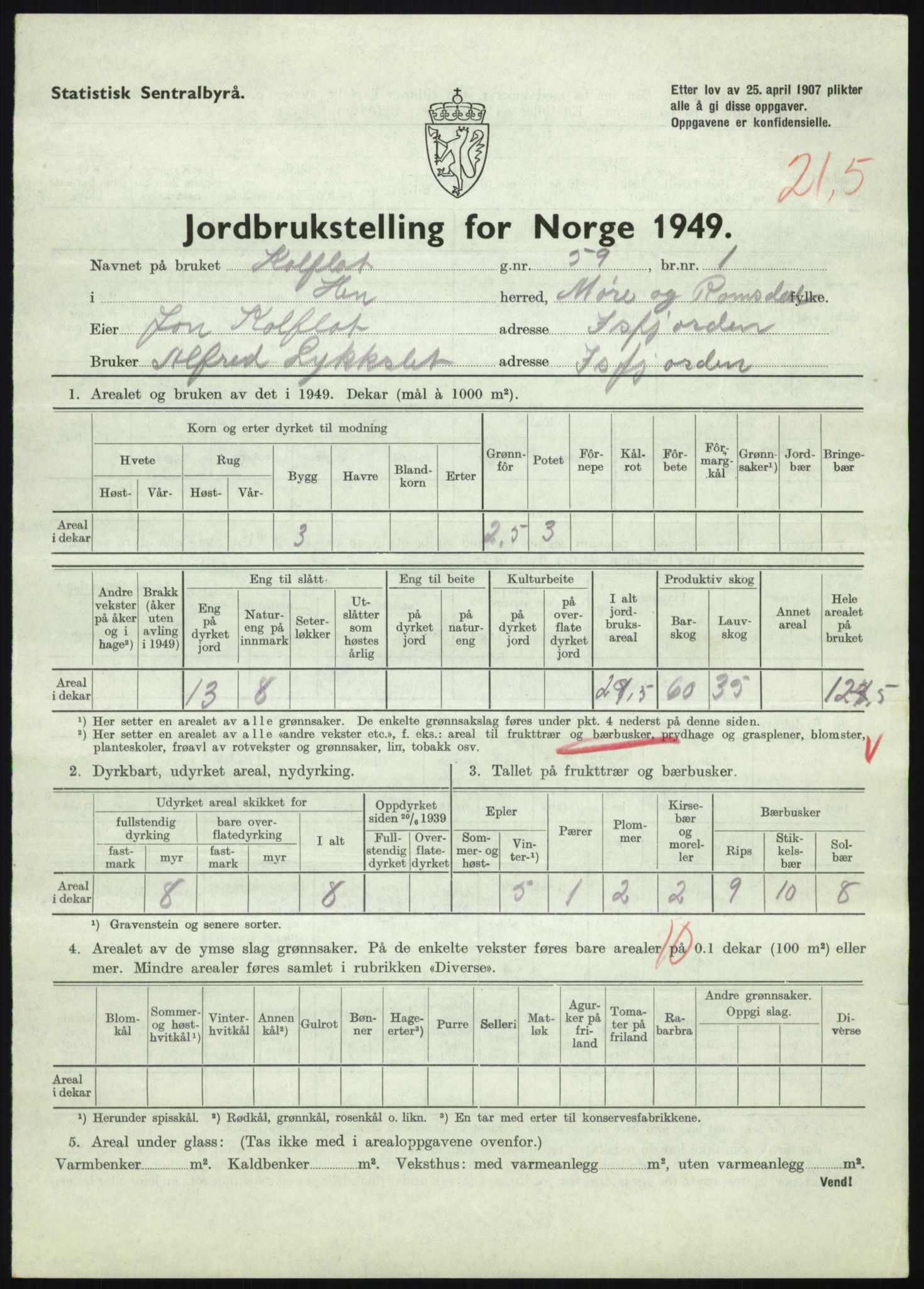 Statistisk sentralbyrå, Næringsøkonomiske emner, Jordbruk, skogbruk, jakt, fiske og fangst, AV/RA-S-2234/G/Gc/L0323: Møre og Romsdal: Grytten og Hen, 1949, p. 701