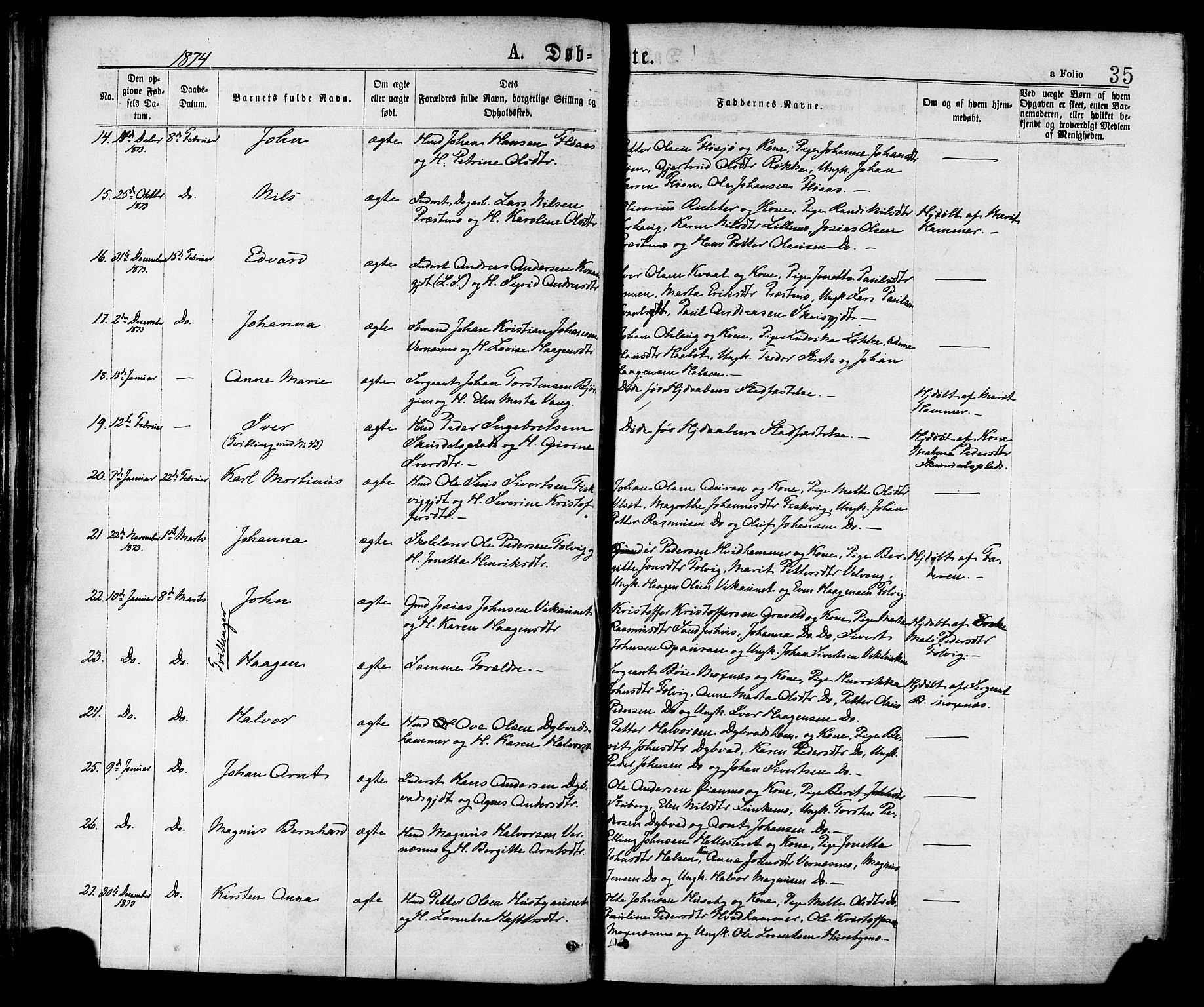 Ministerialprotokoller, klokkerbøker og fødselsregistre - Nord-Trøndelag, SAT/A-1458/709/L0076: Parish register (official) no. 709A16, 1871-1879, p. 35