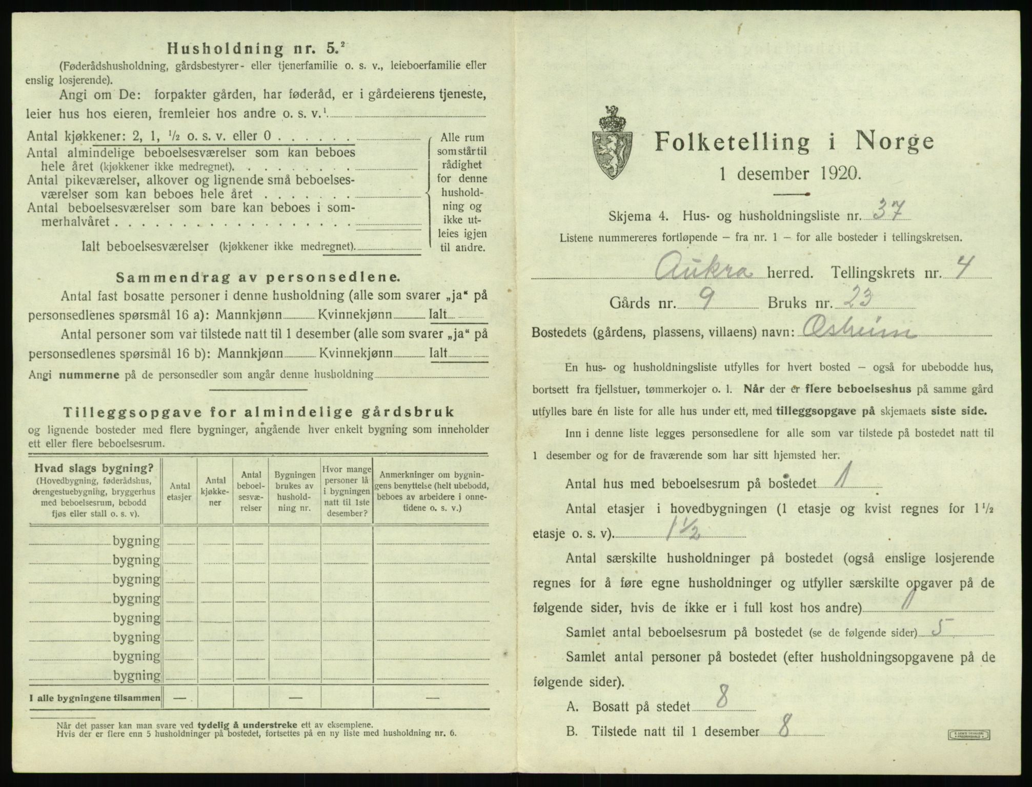 SAT, 1920 census for Aukra, 1920, p. 407