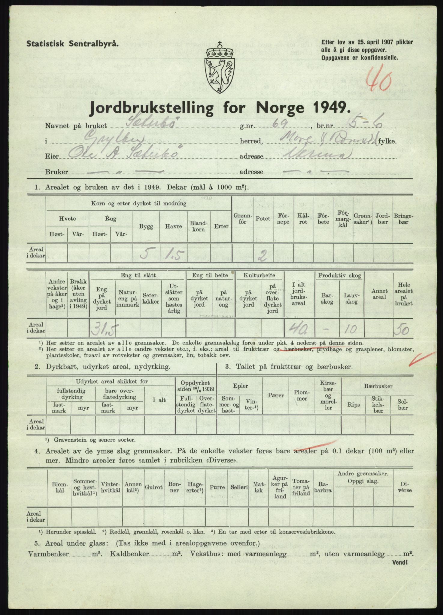 Statistisk sentralbyrå, Næringsøkonomiske emner, Jordbruk, skogbruk, jakt, fiske og fangst, AV/RA-S-2234/G/Gc/L0323: Møre og Romsdal: Grytten og Hen, 1949, p. 263