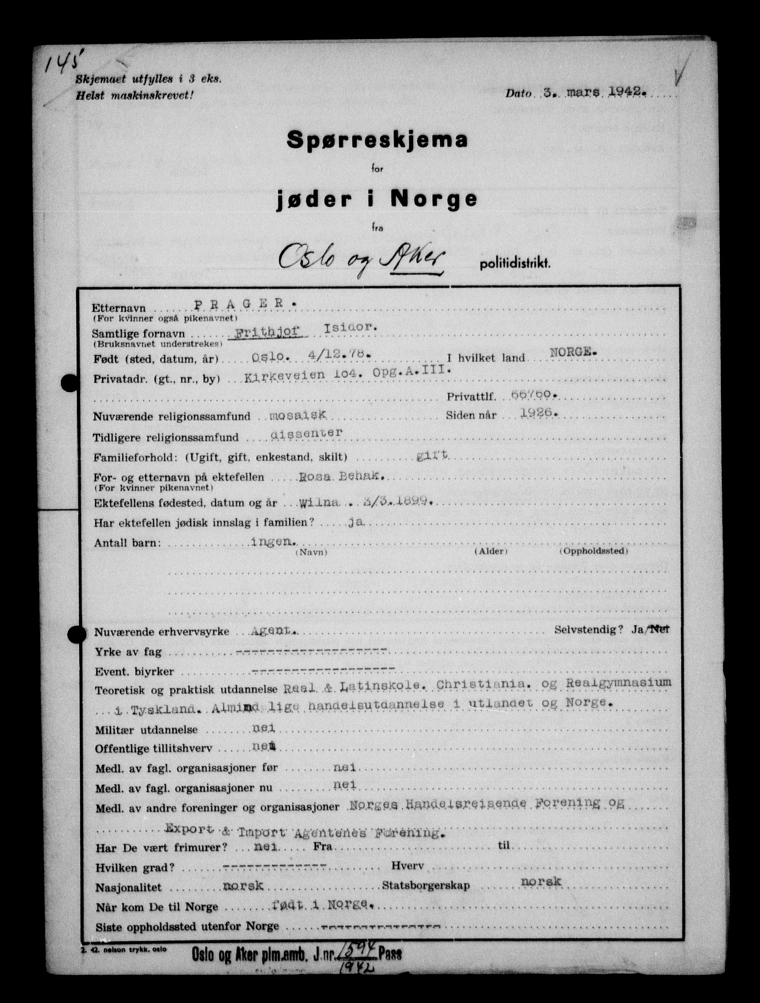 Statspolitiet - Hovedkontoret / Osloavdelingen, AV/RA-S-1329/G/Ga/L0012: Spørreskjema for jøder i Norge. 1: Aker 114- 207 (Levinson-Wozak) og 656 (Salomon). 2: Arendal-Hordaland. 3: Horten-Romerike.  , 1942, p. 96