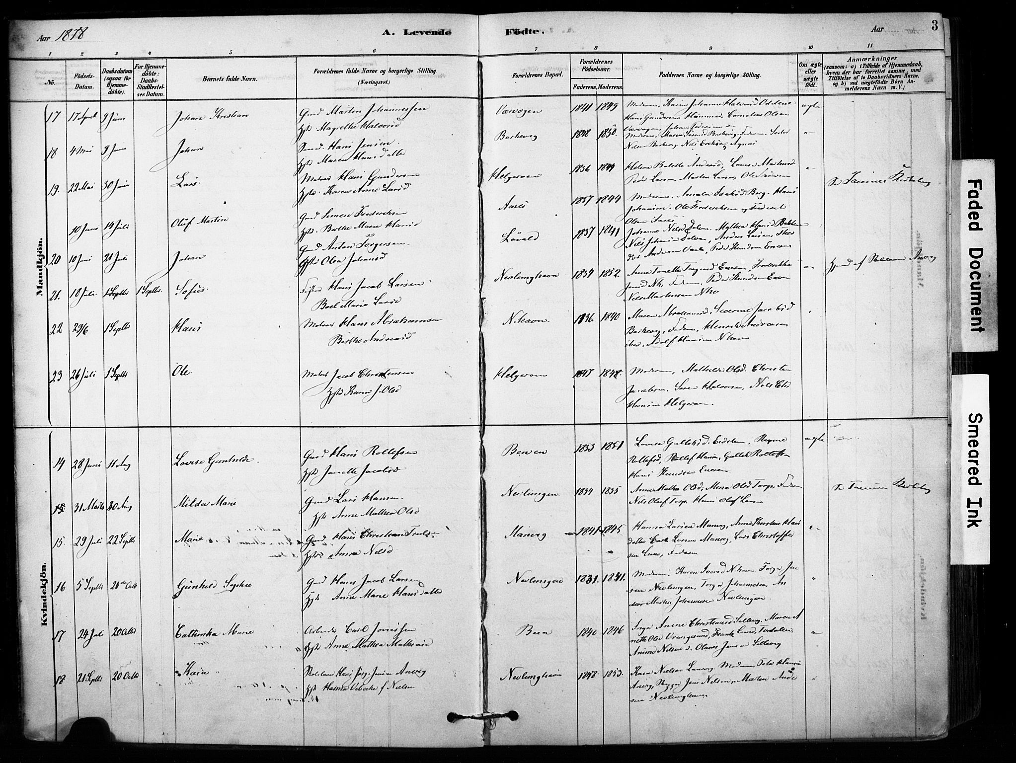 Brunlanes kirkebøker, AV/SAKO-A-342/F/Fb/L0001: Parish register (official) no. II 1, 1878-1899, p. 3