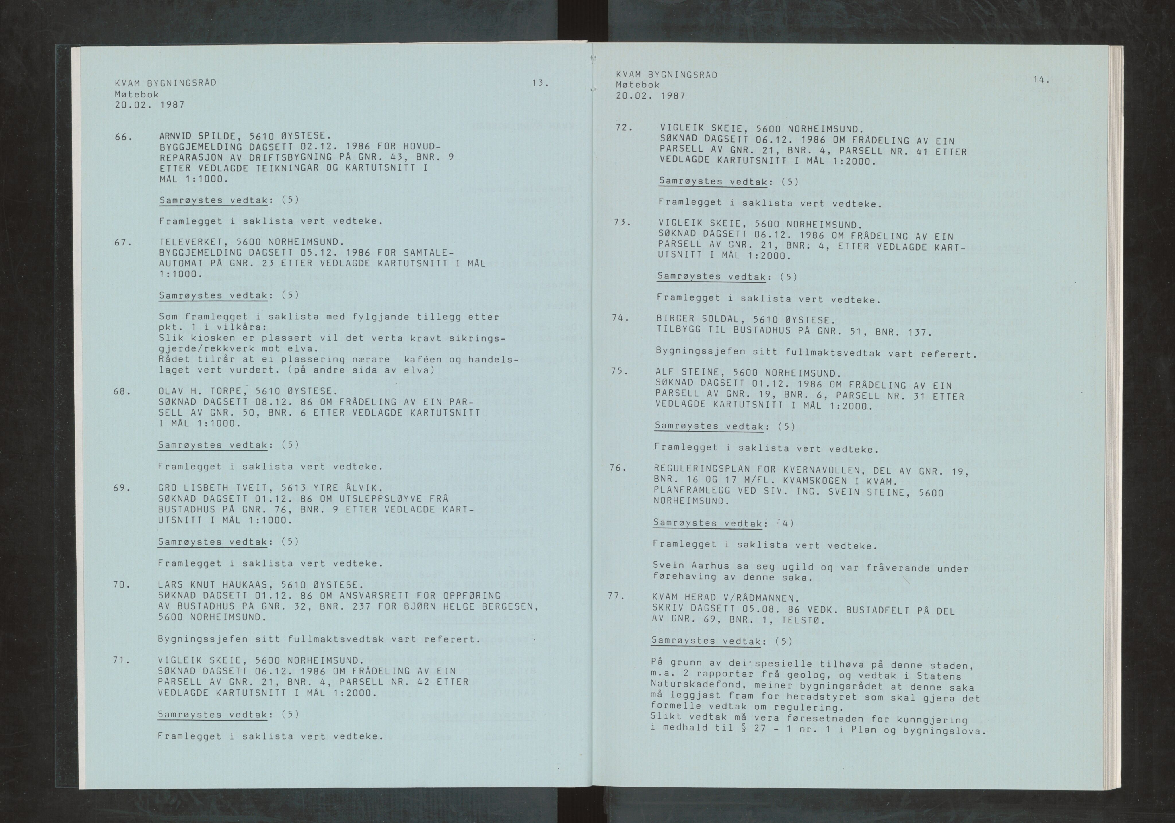 Kvam herad. Bygningsrådet, IKAH/1238-511/A/Ab/L0155: Utskrift av møtebok for Kvam bygningsråd, 1987