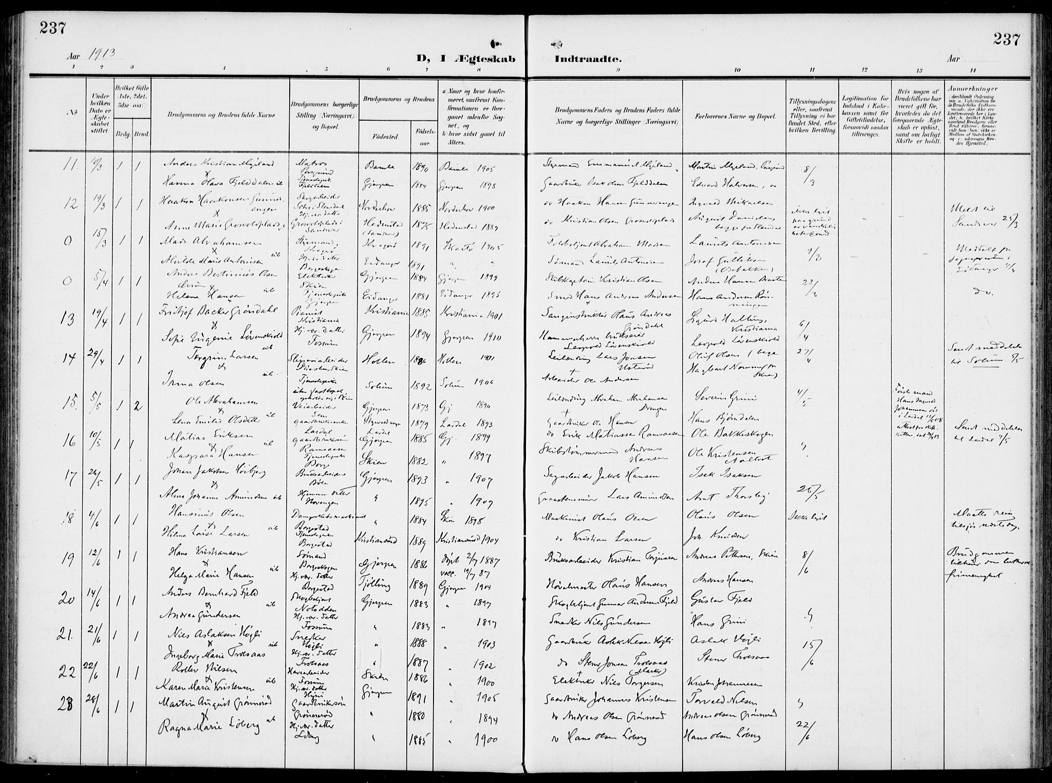 Gjerpen kirkebøker, SAKO/A-265/F/Fa/L0012: Parish register (official) no. I 12, 1905-1913, p. 237