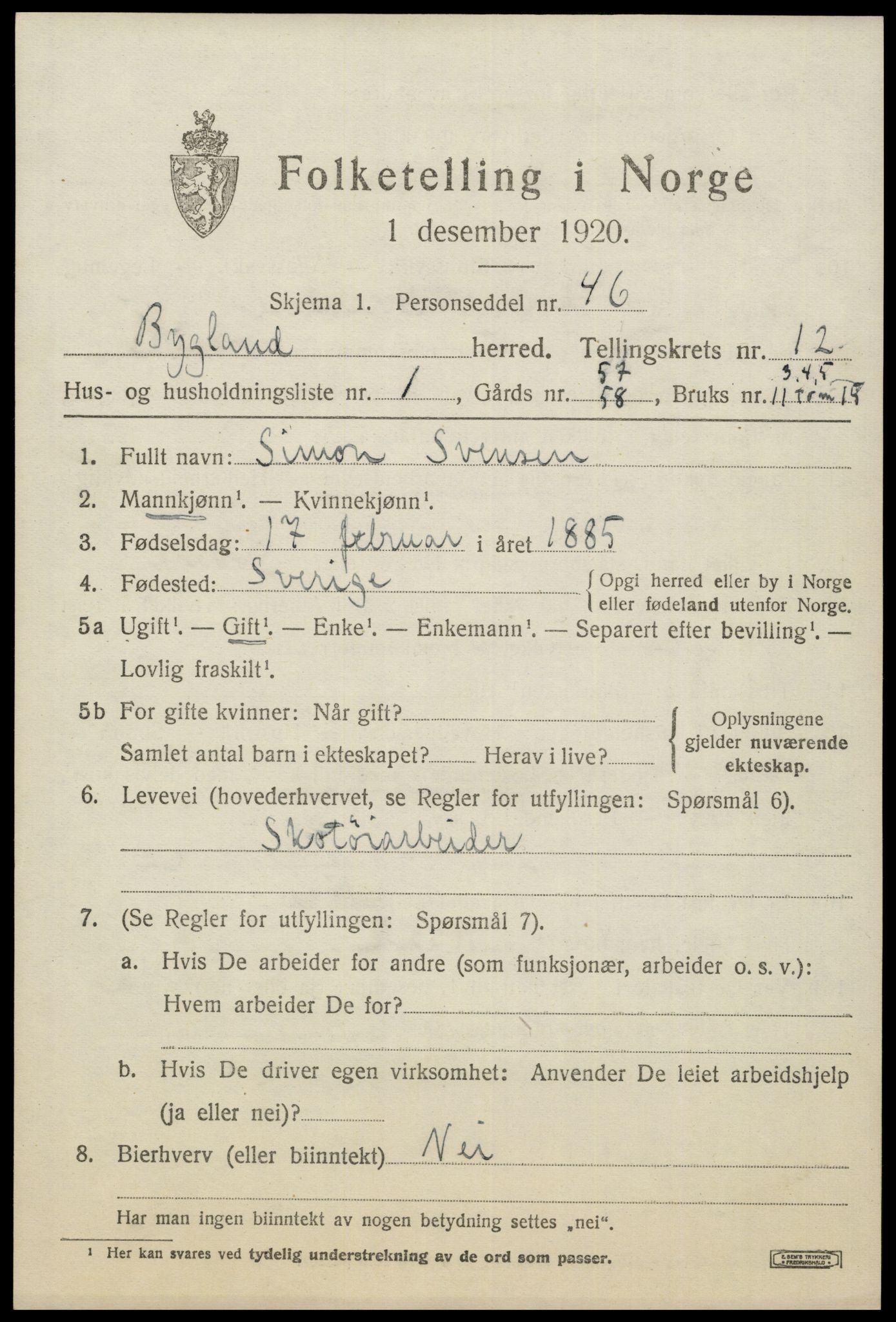 SAK, 1920 census for Bygland, 1920, p. 4551