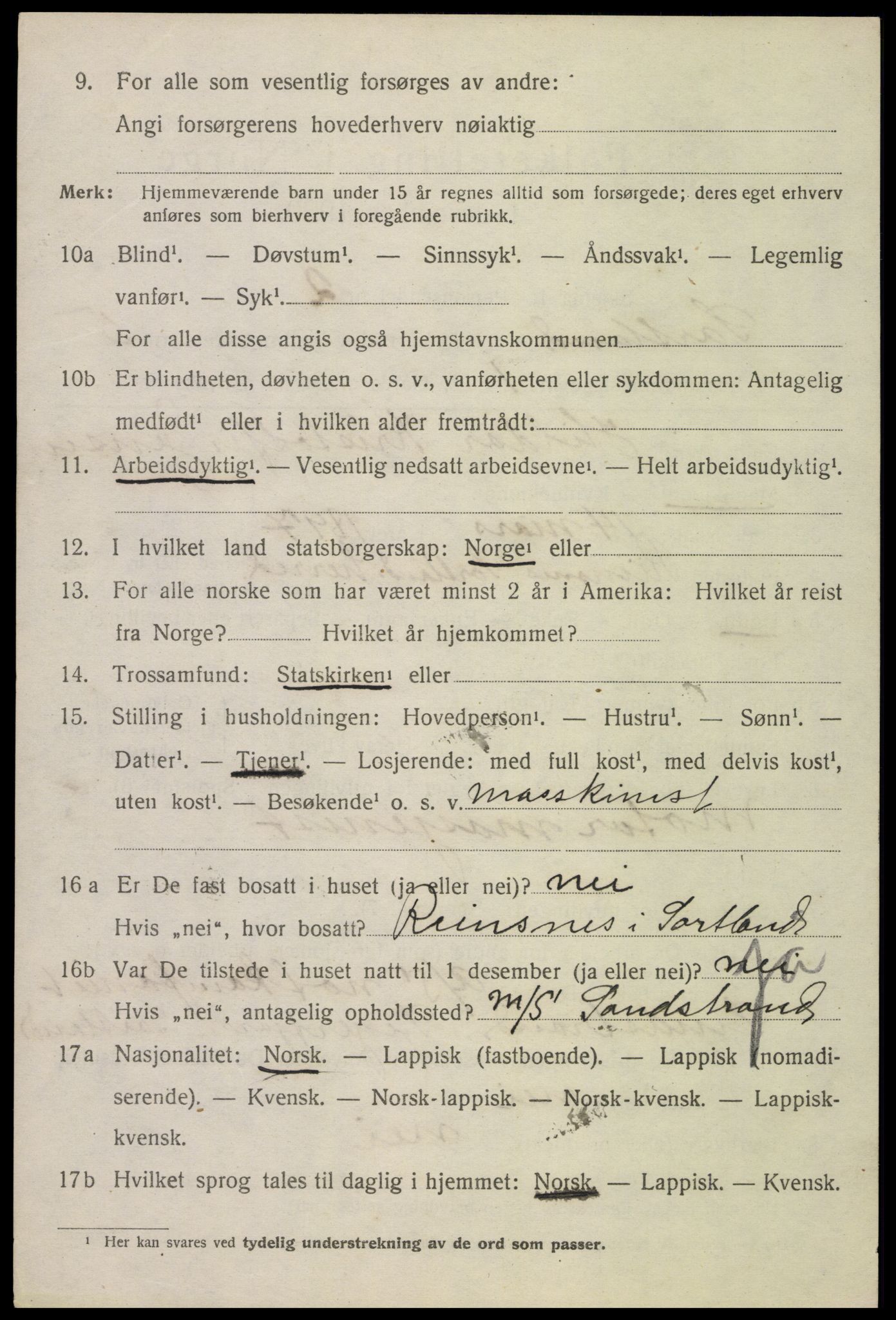 SAT, 1920 census for Sortland, 1920, p. 5475