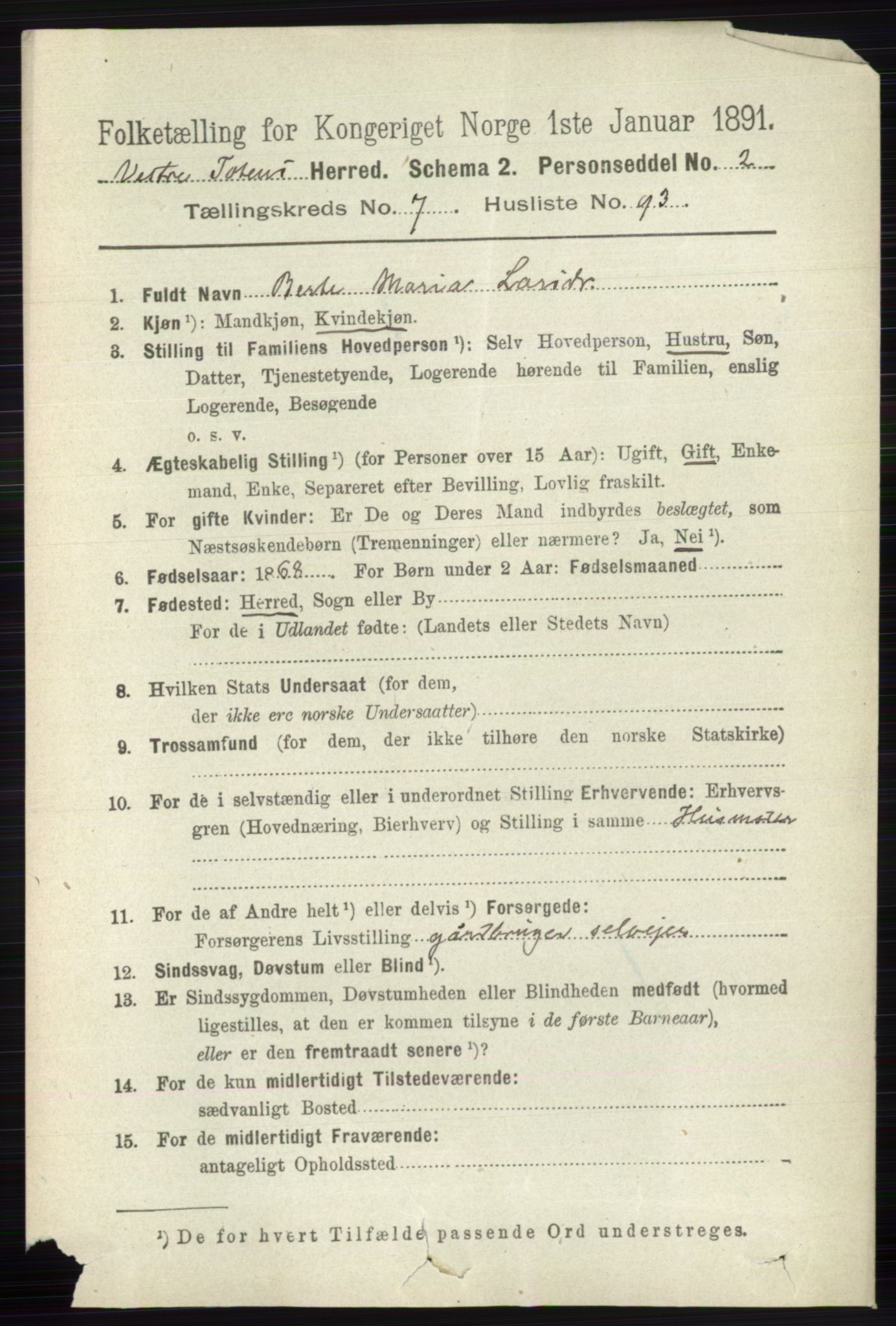 RA, 1891 census for 0529 Vestre Toten, 1891, p. 4909