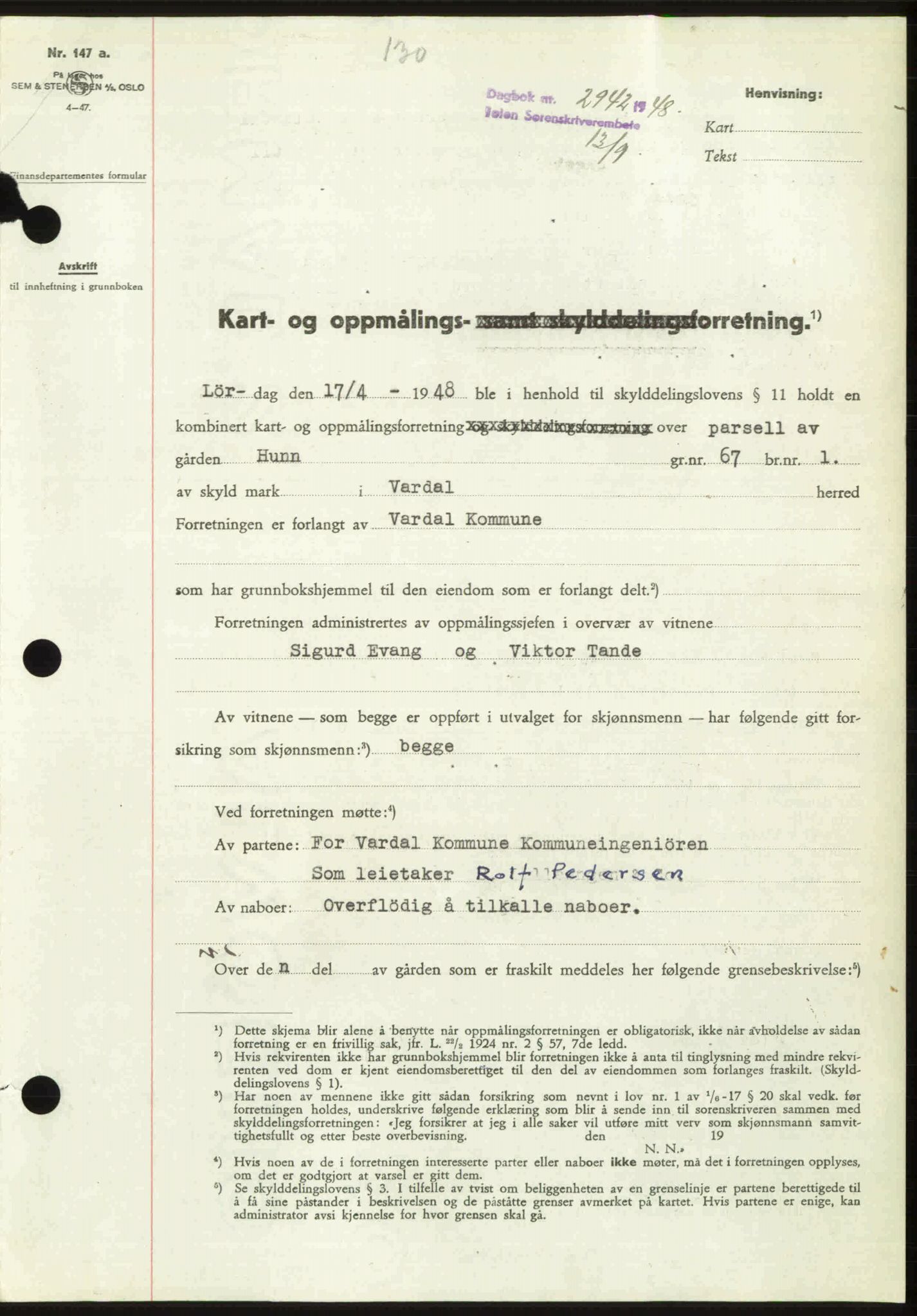 Toten tingrett, SAH/TING-006/H/Hb/Hbc/L0020: Mortgage book no. Hbc-20, 1948-1948, Diary no: : 2942/1948