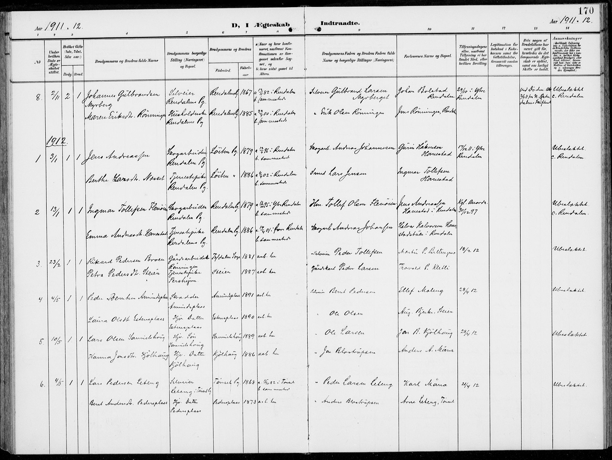 Alvdal prestekontor, SAH/PREST-060/H/Ha/Haa/L0004: Parish register (official) no. 4, 1907-1919, p. 170