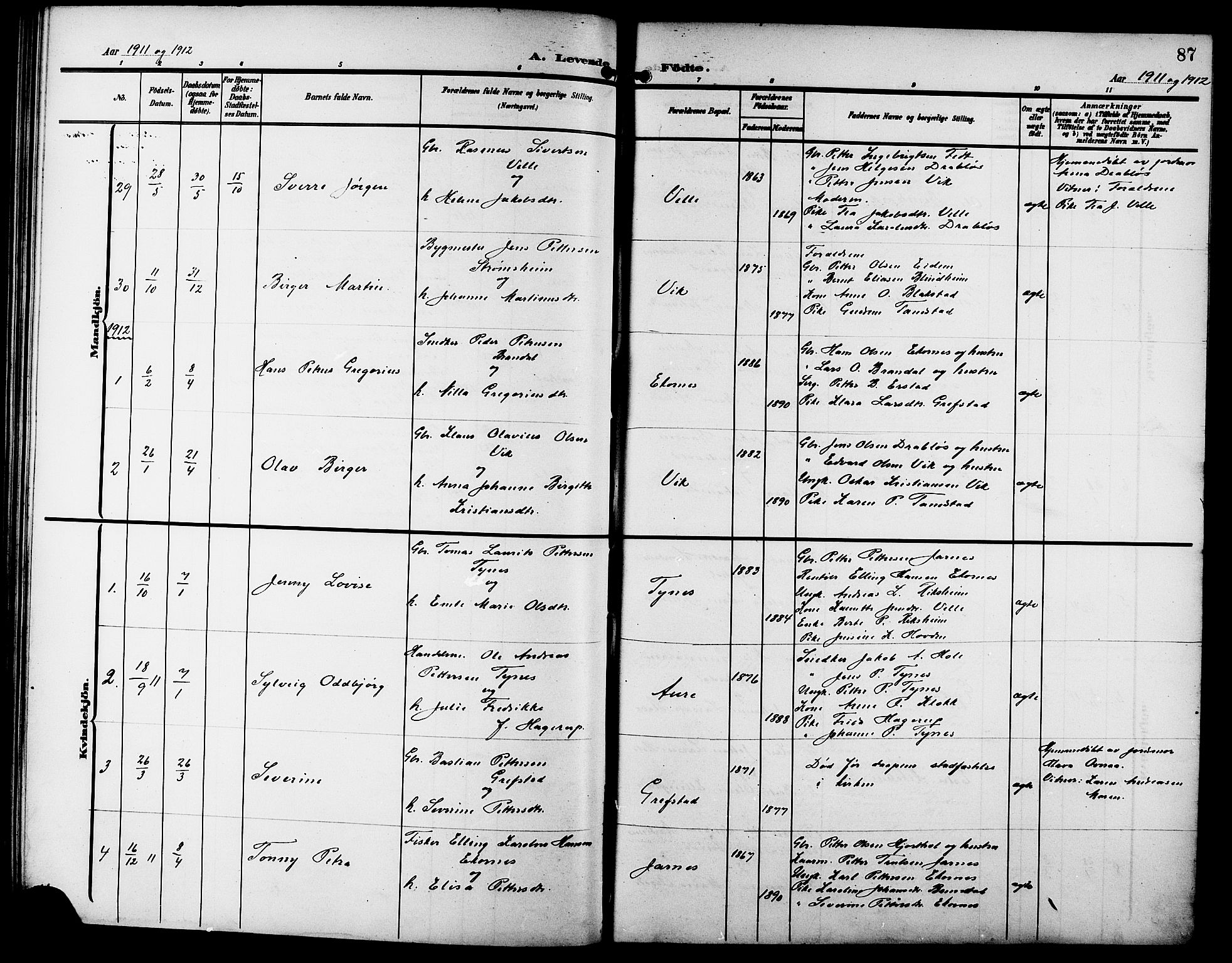 Ministerialprotokoller, klokkerbøker og fødselsregistre - Møre og Romsdal, SAT/A-1454/523/L0341: Parish register (copy) no. 523C04, 1903-1916, p. 87