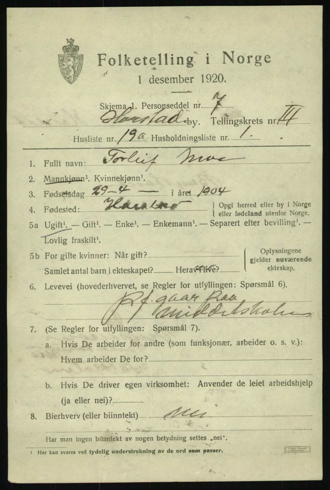 SATØ, 1920 census for Harstad, 1920, p. 4492