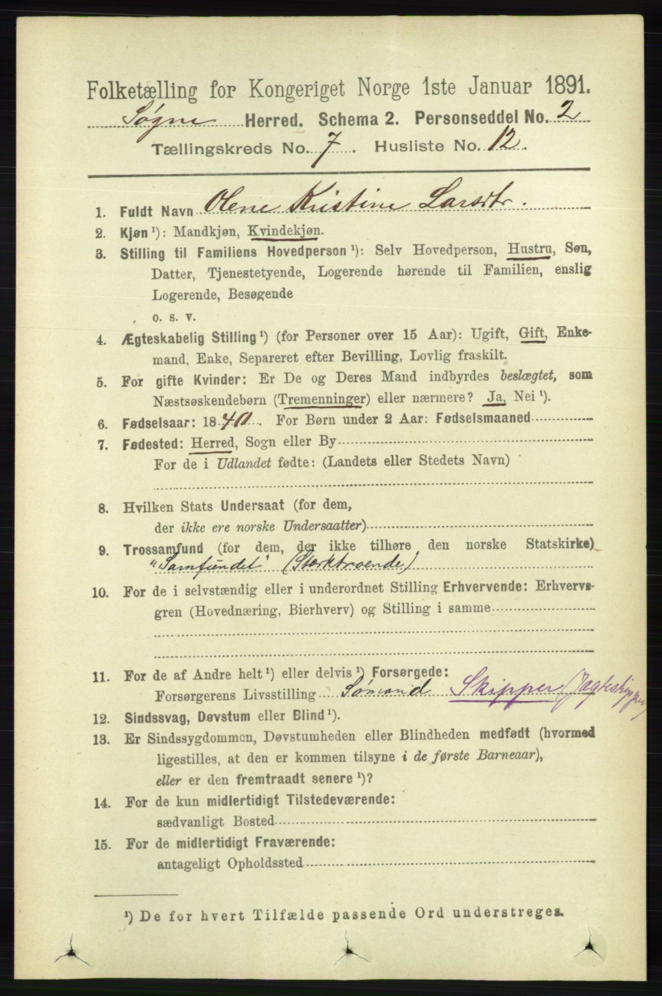 RA, 1891 census for 1018 Søgne, 1891, p. 1602