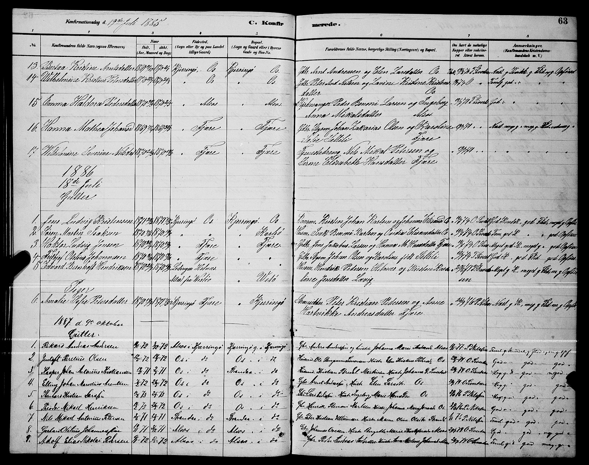 Ministerialprotokoller, klokkerbøker og fødselsregistre - Nordland, SAT/A-1459/803/L0076: Parish register (copy) no. 803C03, 1882-1897, p. 63