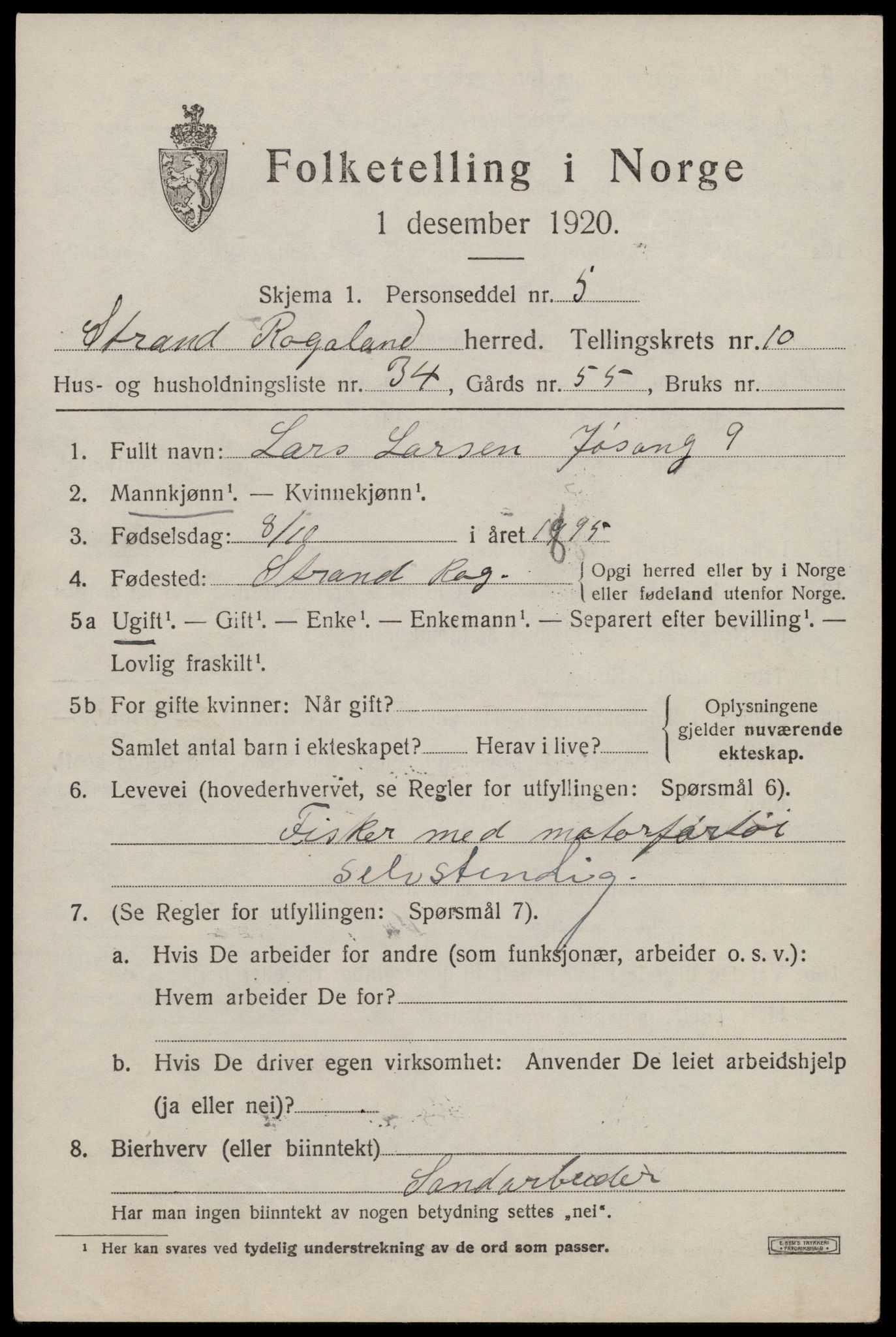 SAST, 1920 census for Strand, 1920, p. 7037