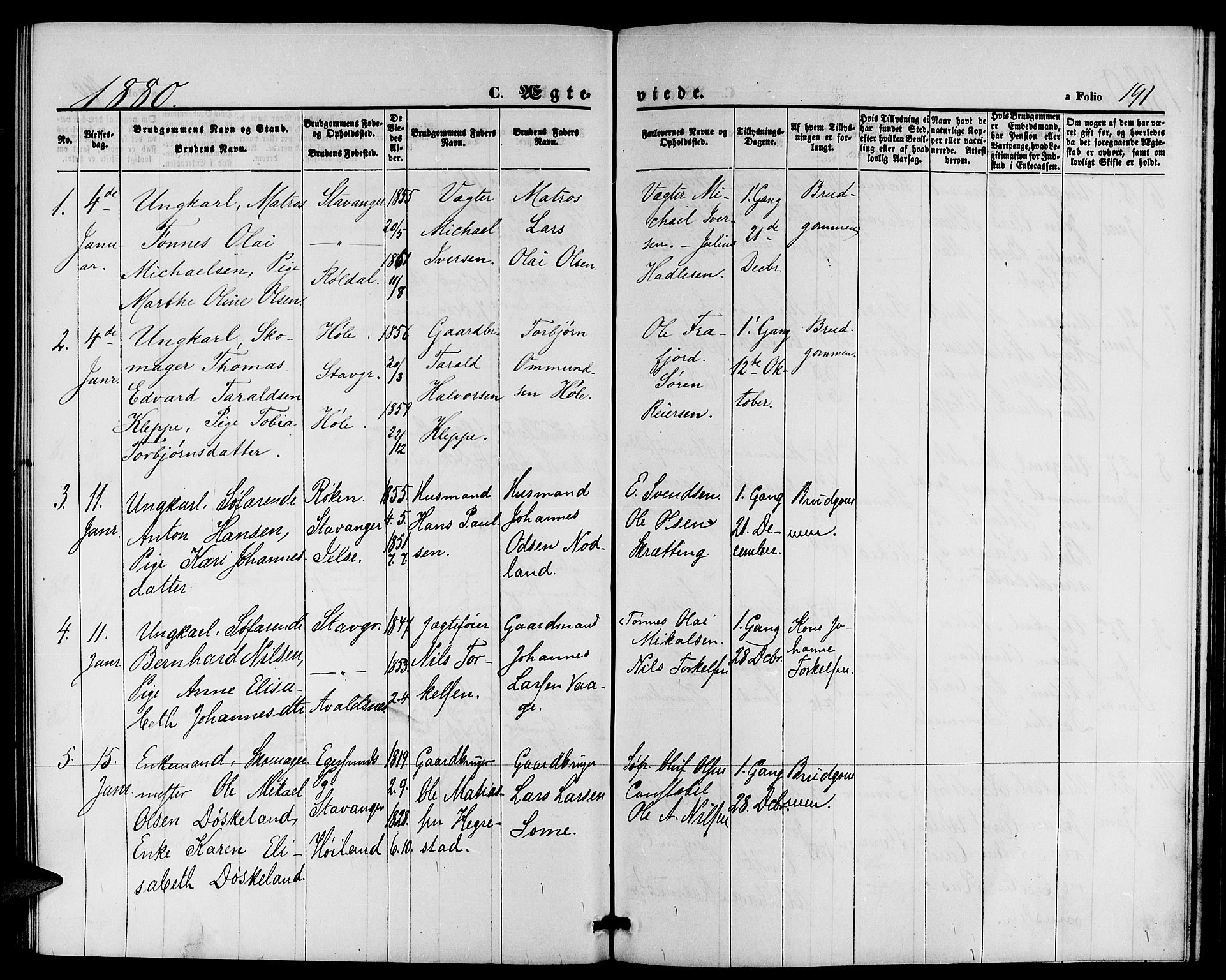 St. Petri sokneprestkontor, AV/SAST-A-101813/001/30/30BB/L0002: Parish register (copy) no. B 2, 1865-1885, p. 191