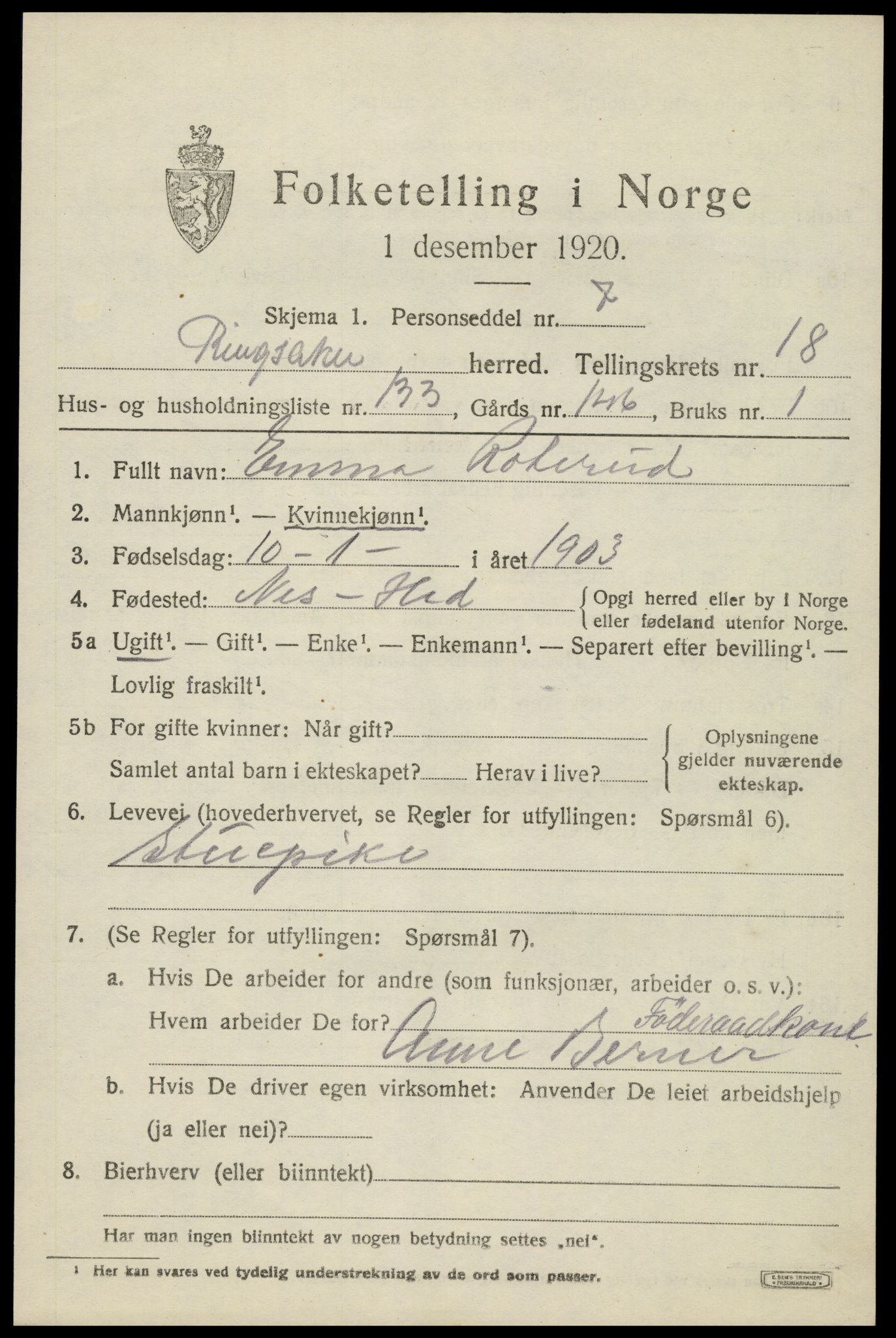 SAH, 1920 census for Ringsaker, 1920, p. 26568