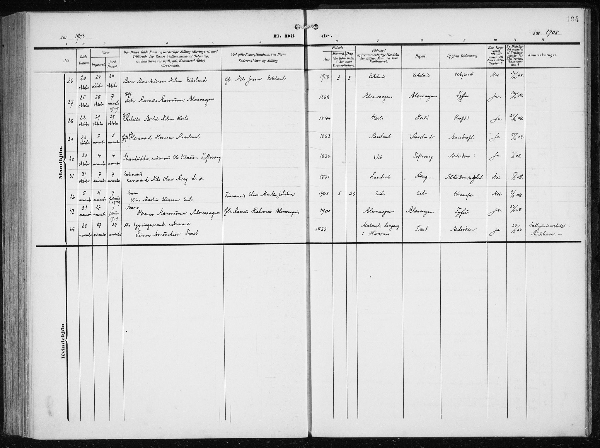 Herdla Sokneprestembete, SAB/A-75701/H/Haa: Parish register (official) no. A 5, 1905-1918, p. 194