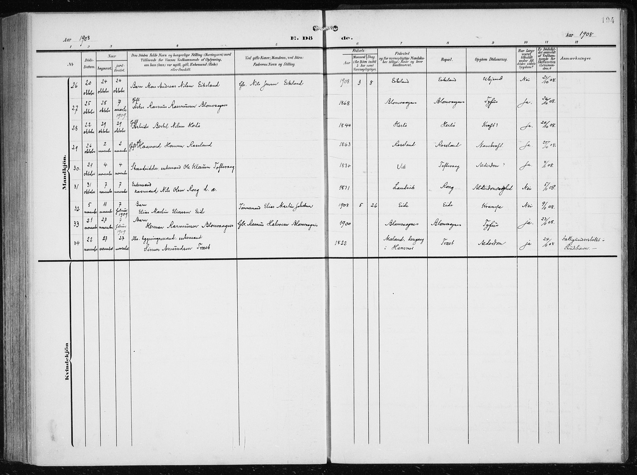 Herdla Sokneprestembete, AV/SAB-A-75701/H/Haa: Parish register (official) no. A 5, 1905-1918, p. 194