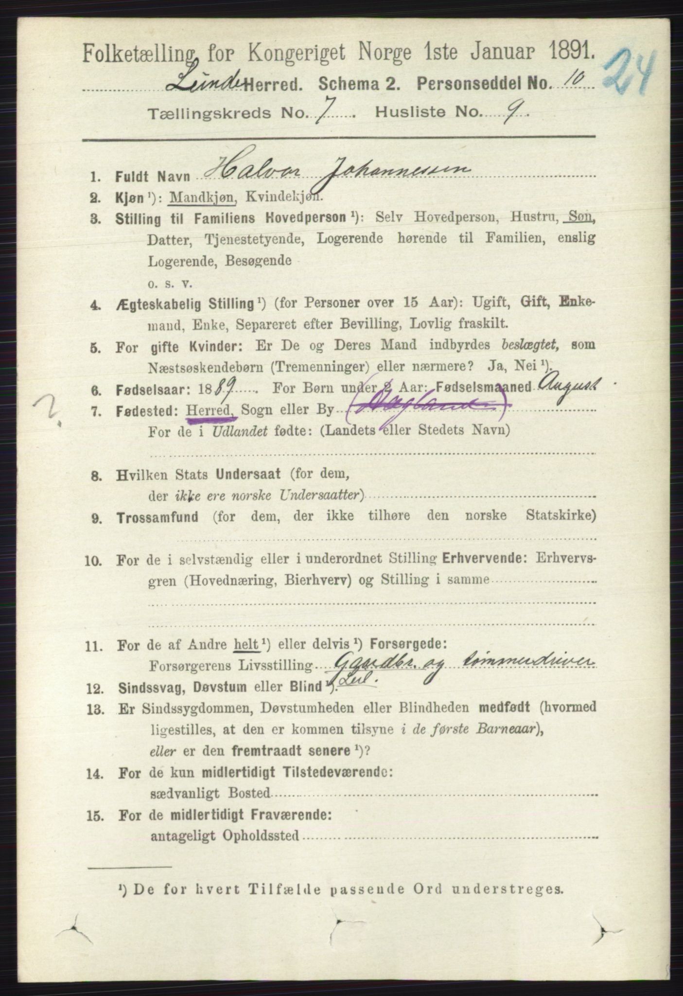 RA, 1891 census for 0820 Lunde, 1891, p. 2262