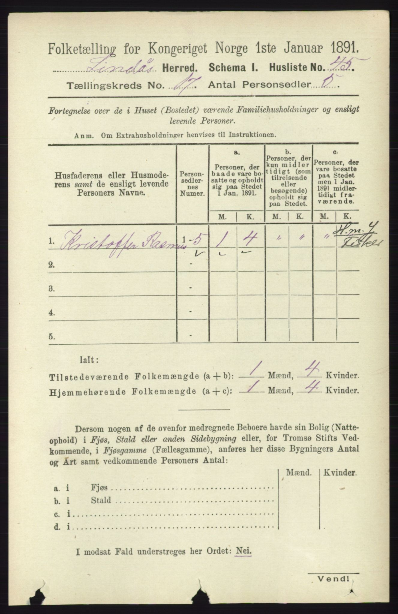 RA, 1891 census for 1263 Lindås, 1891, p. 6127