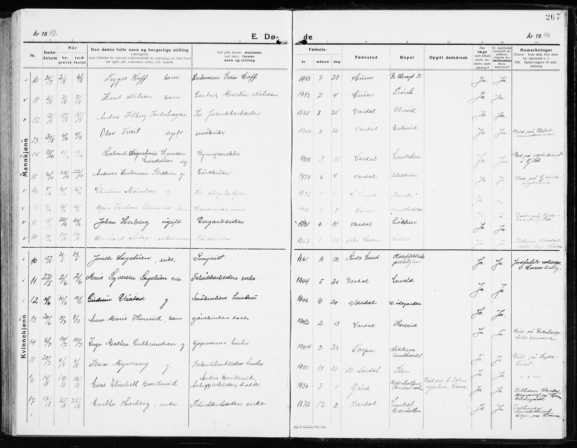 Vardal prestekontor, AV/SAH-PREST-100/H/Ha/Haa/L0018: Parish register (official) no. 18, 1930-1945, p. 267