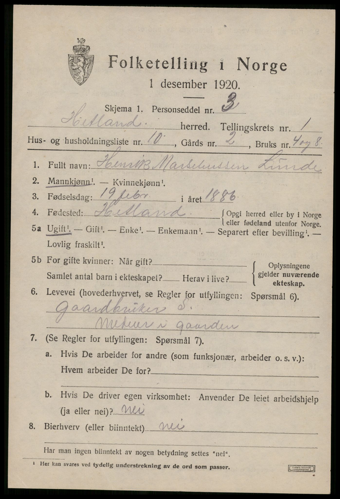 SAST, 1920 census for Hetland, 1920, p. 3667
