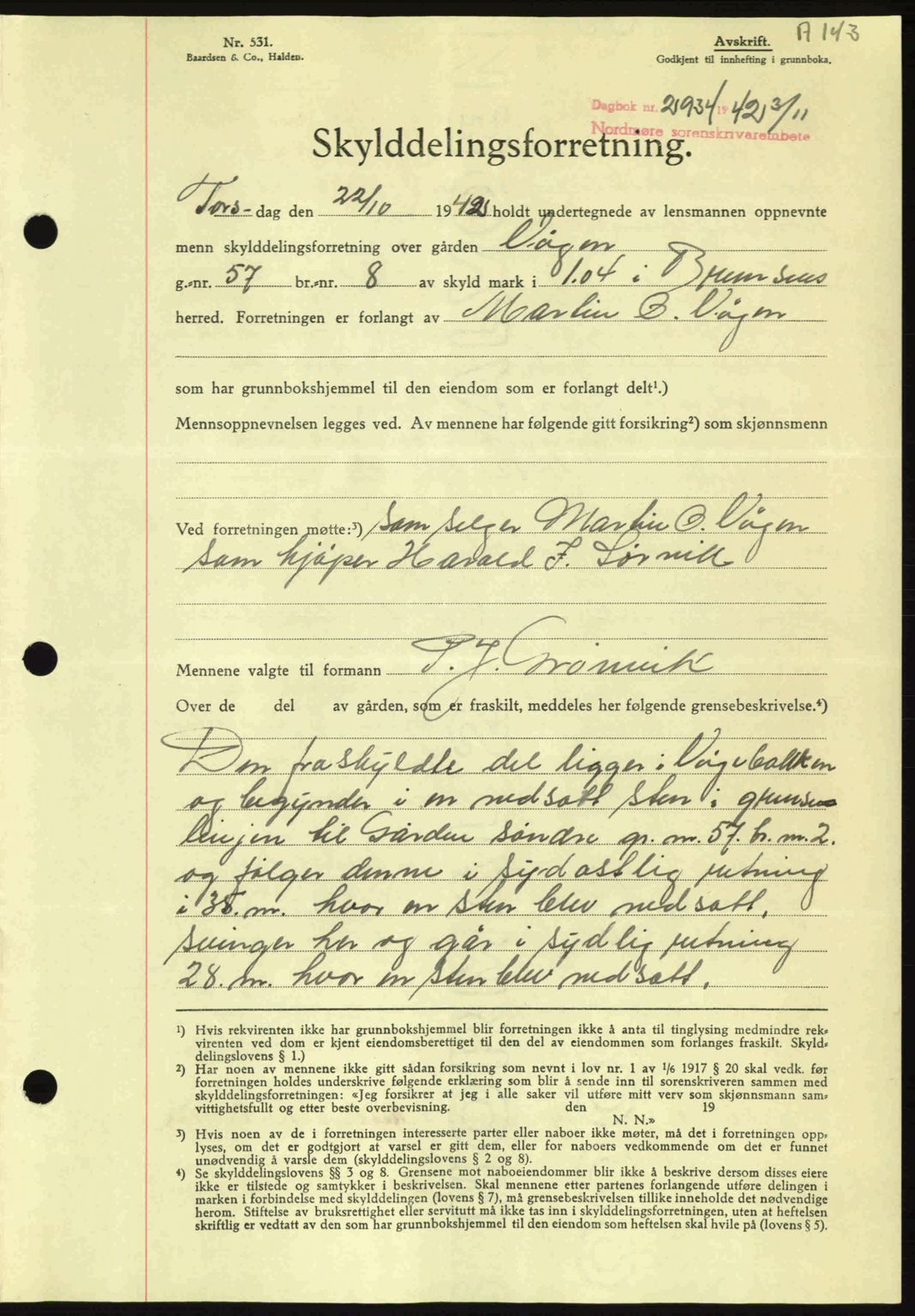 Nordmøre sorenskriveri, AV/SAT-A-4132/1/2/2Ca: Mortgage book no. A94, 1942-1943, Diary no: : 2934/1942