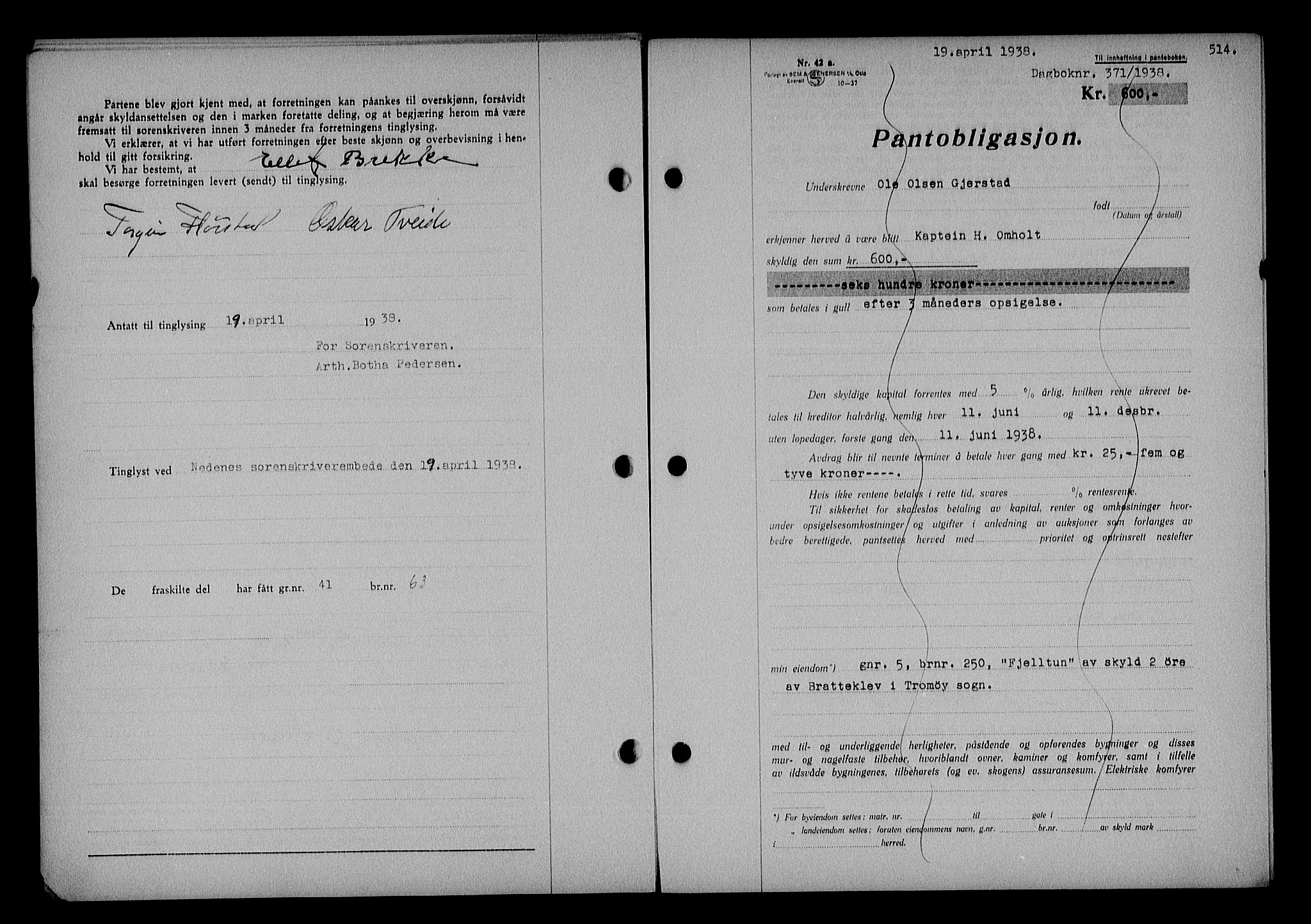Nedenes sorenskriveri, SAK/1221-0006/G/Gb/Gba/L0044: Mortgage book no. 40, 1937-1938, Diary no: : 371/1938