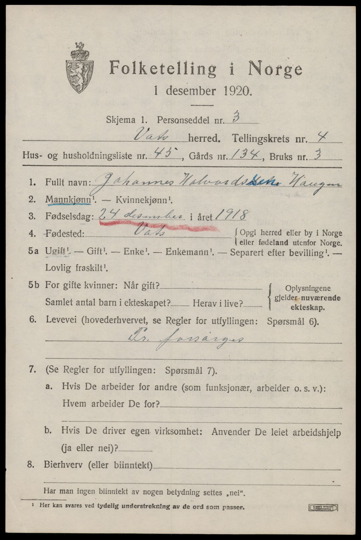 SAST, 1920 census for Vats, 1920, p. 1873