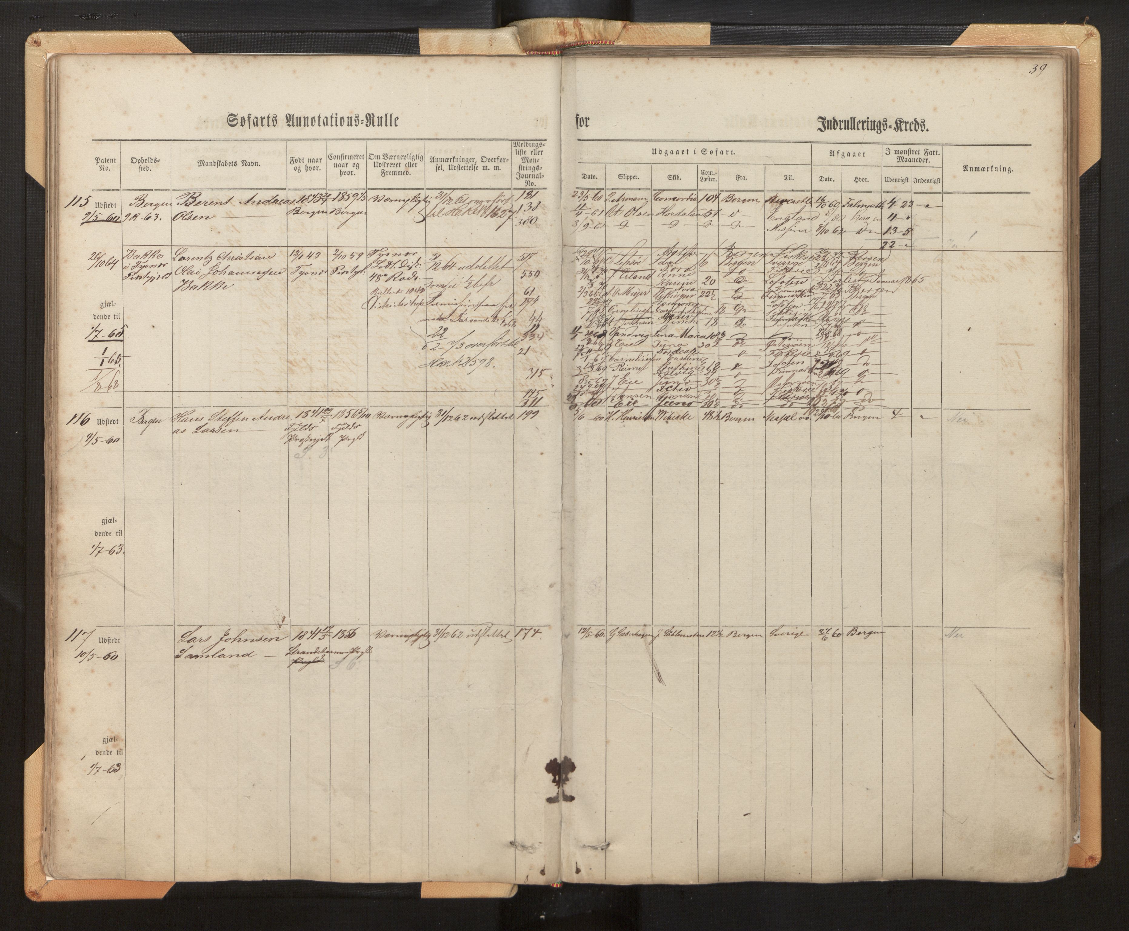 Innrulleringssjefen i Bergen, AV/SAB-A-100050/F/Fh/L0005: Sjøfarts- og annotasjonsrulle for Bergen krets, fol. 1 - 238, 1860-1867, p. 39