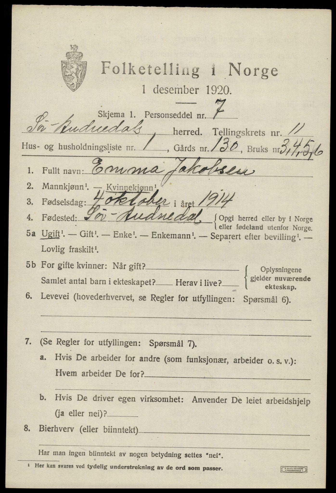 SAK, 1920 census for Sør-Audnedal, 1920, p. 4255