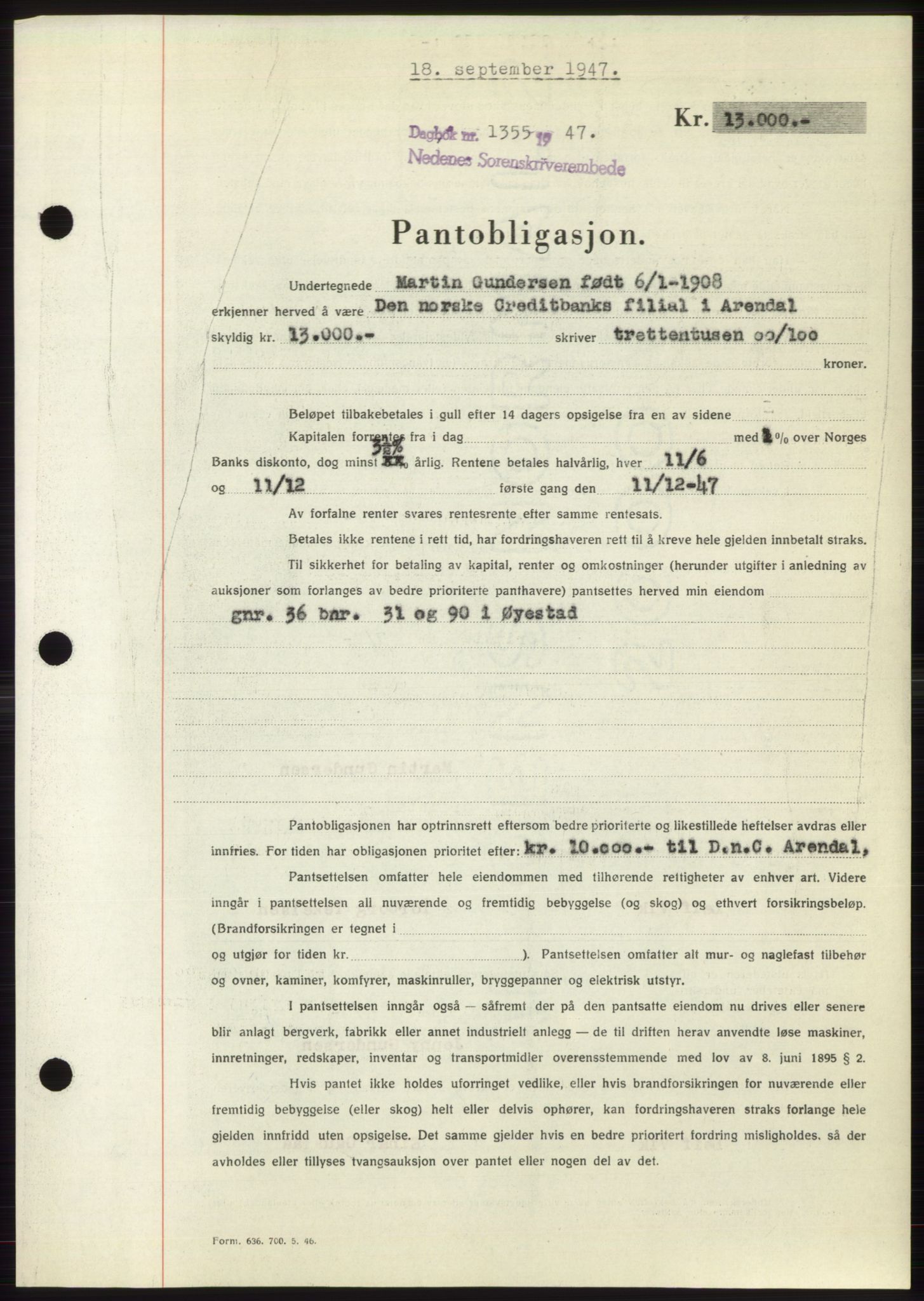 Nedenes sorenskriveri, AV/SAK-1221-0006/G/Gb/Gbb/L0004: Mortgage book no. B4, 1947-1947, Diary no: : 1355/1947