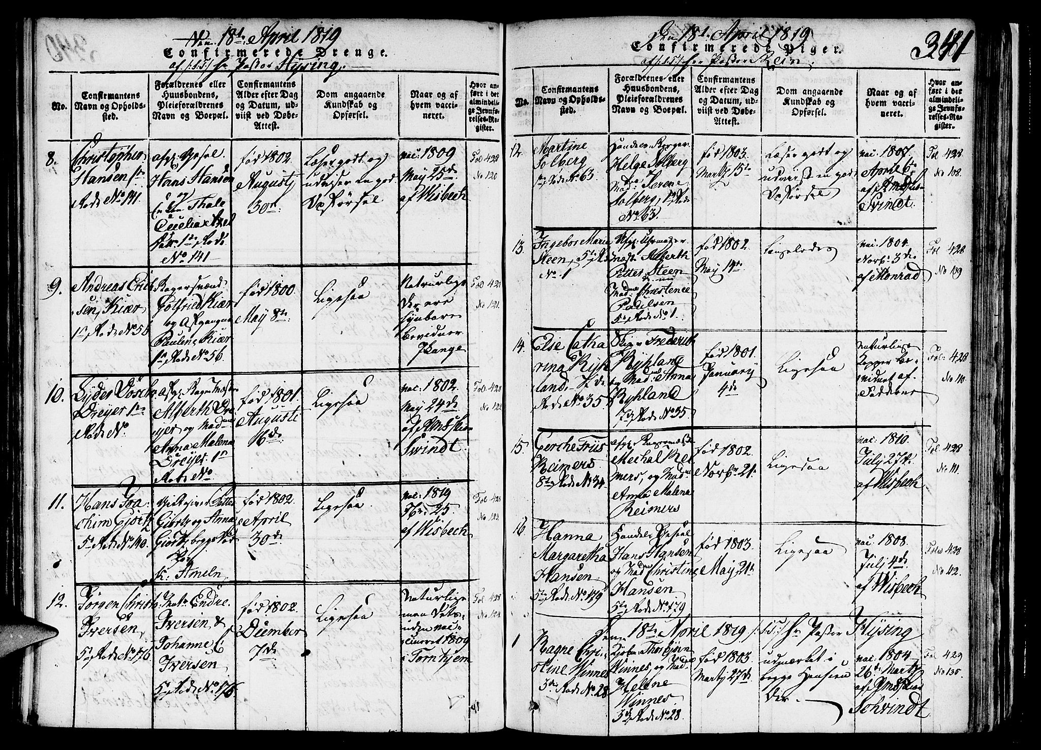 Nykirken Sokneprestembete, SAB/A-77101/H/Haa/L0011: Parish register (official) no. A 11, 1816-1821, p. 341