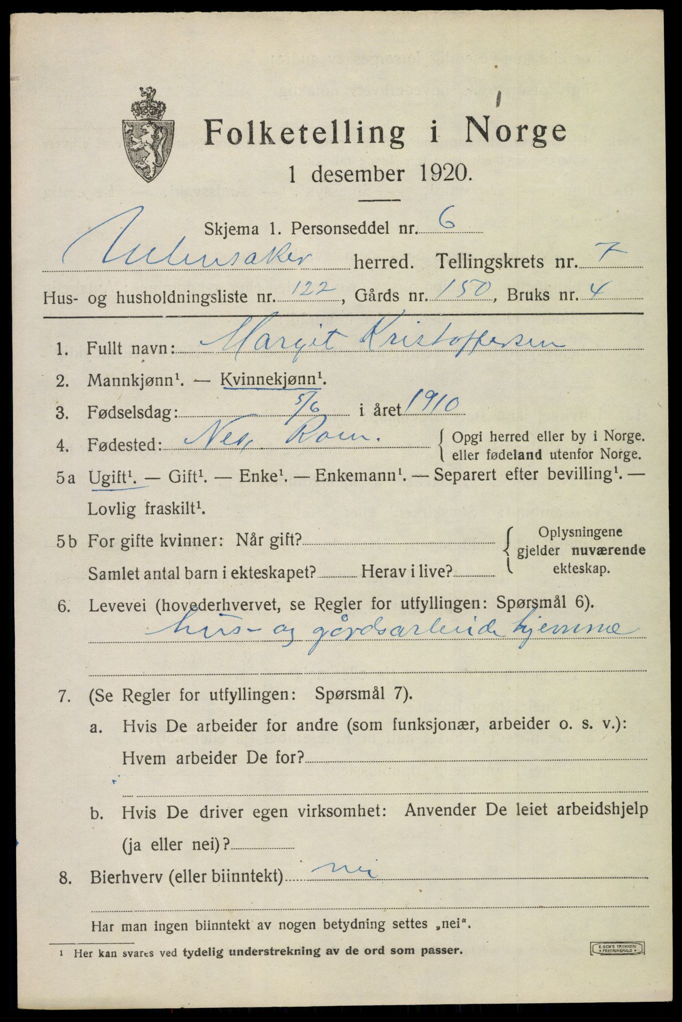 SAO, 1920 census for Ullensaker, 1920, p. 14279