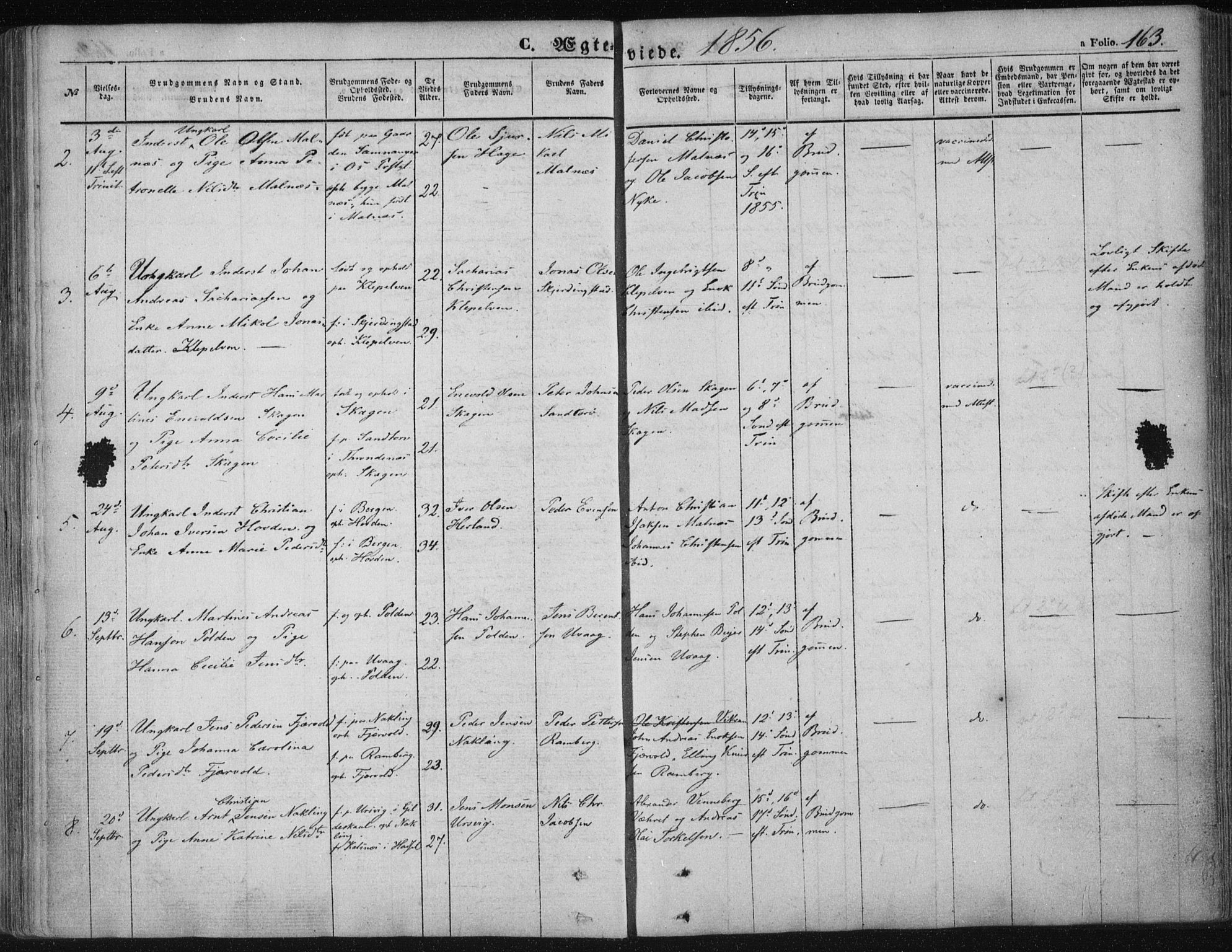 Ministerialprotokoller, klokkerbøker og fødselsregistre - Nordland, AV/SAT-A-1459/891/L1300: Parish register (official) no. 891A05, 1856-1870, p. 163