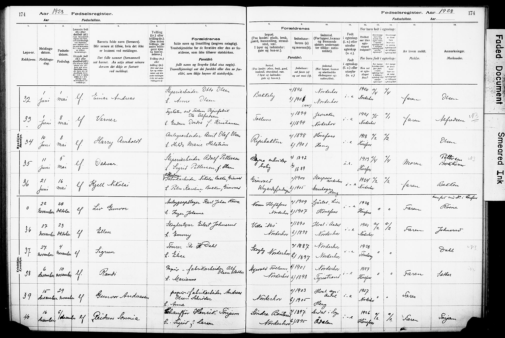 Norderhov kirkebøker, AV/SAKO-A-237/J/Ja/L0001: Birth register no. 1, 1916-1930, p. 174