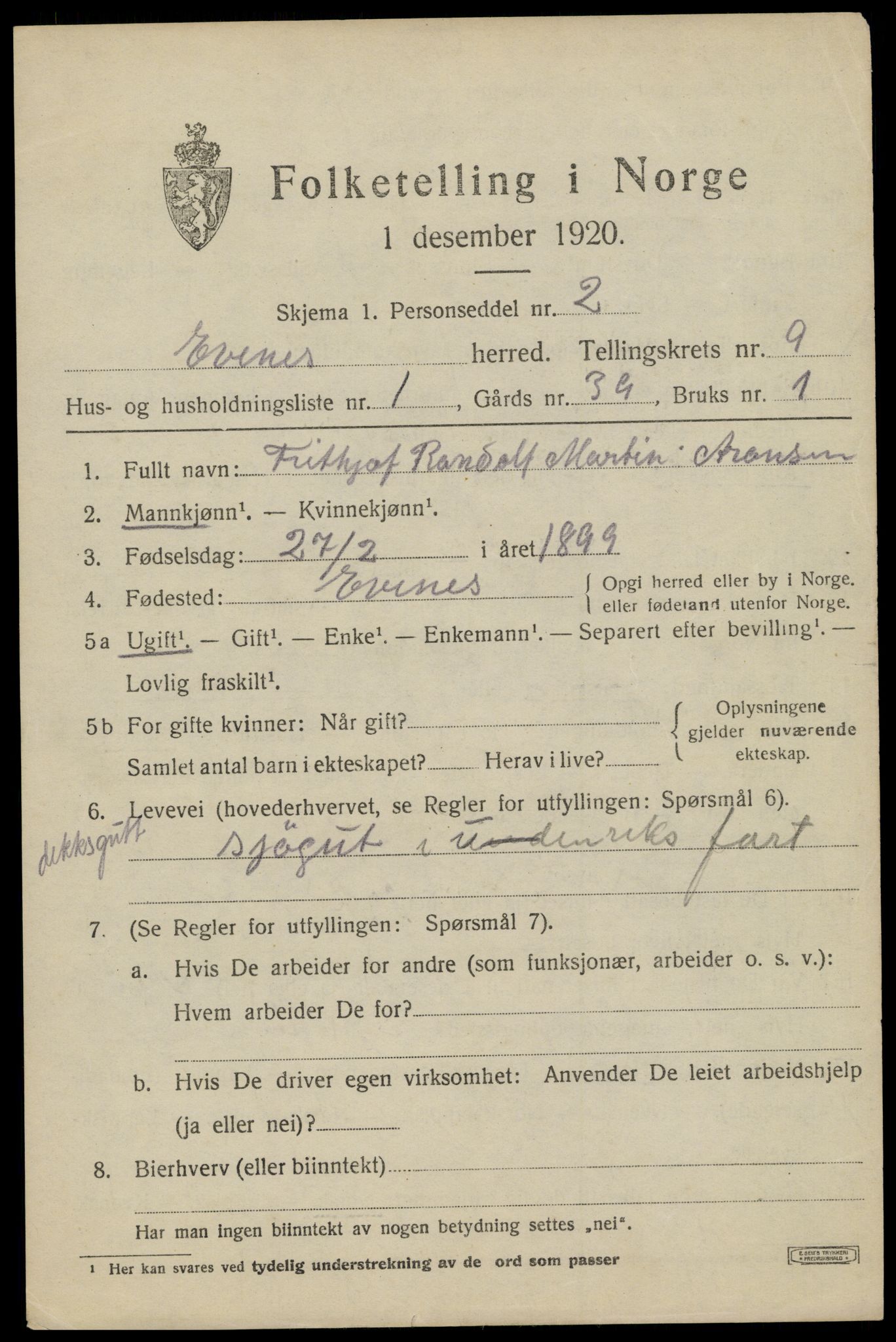 SAT, 1920 census for Evenes, 1920, p. 7040