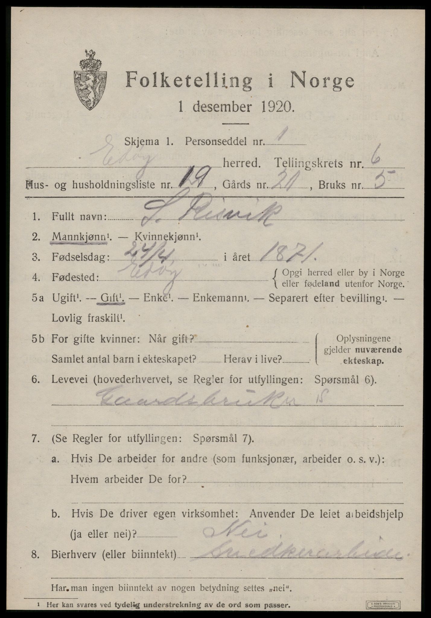 SAT, 1920 census for Edøy, 1920, p. 1998