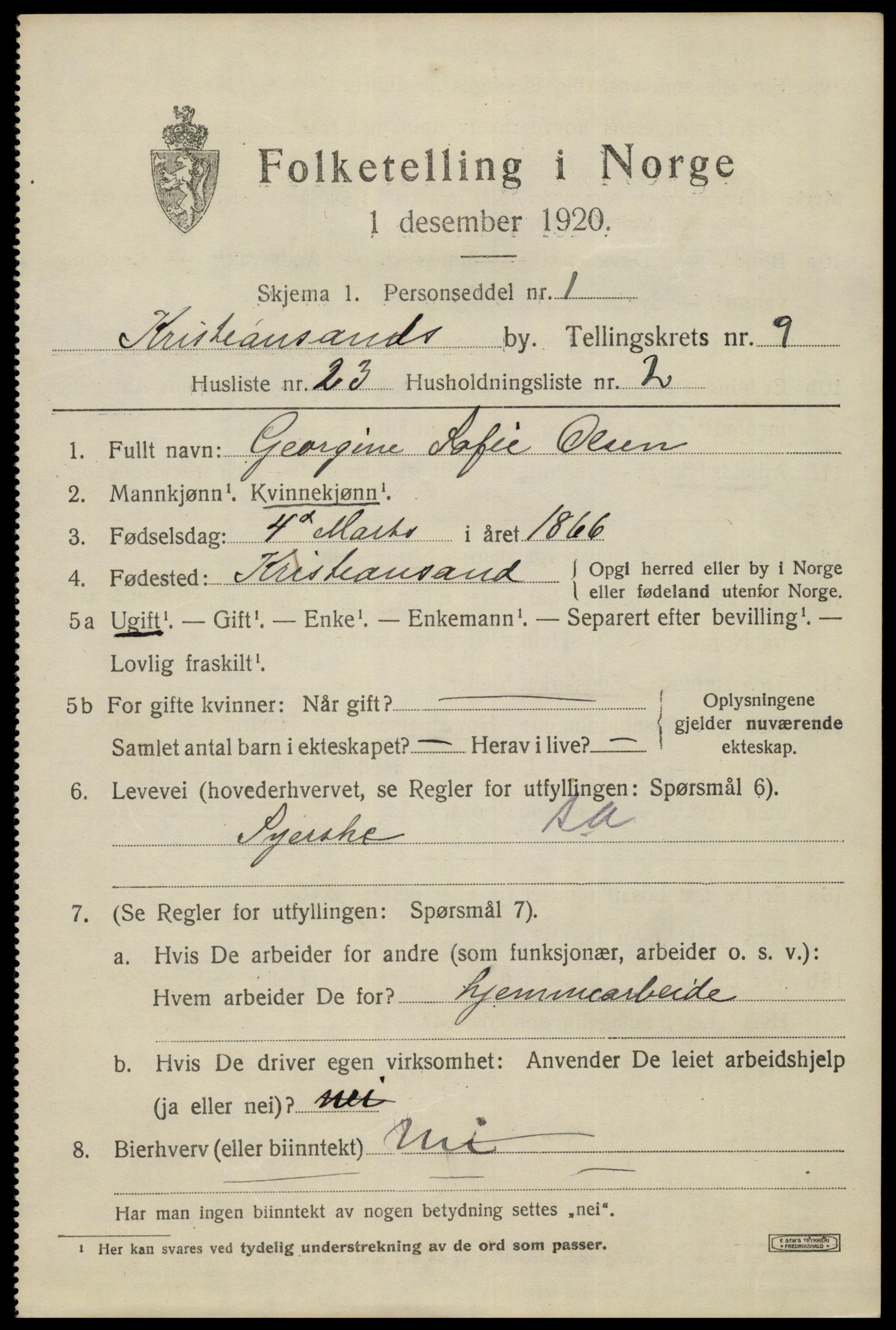 SAK, 1920 census for Kristiansand, 1920, p. 22927