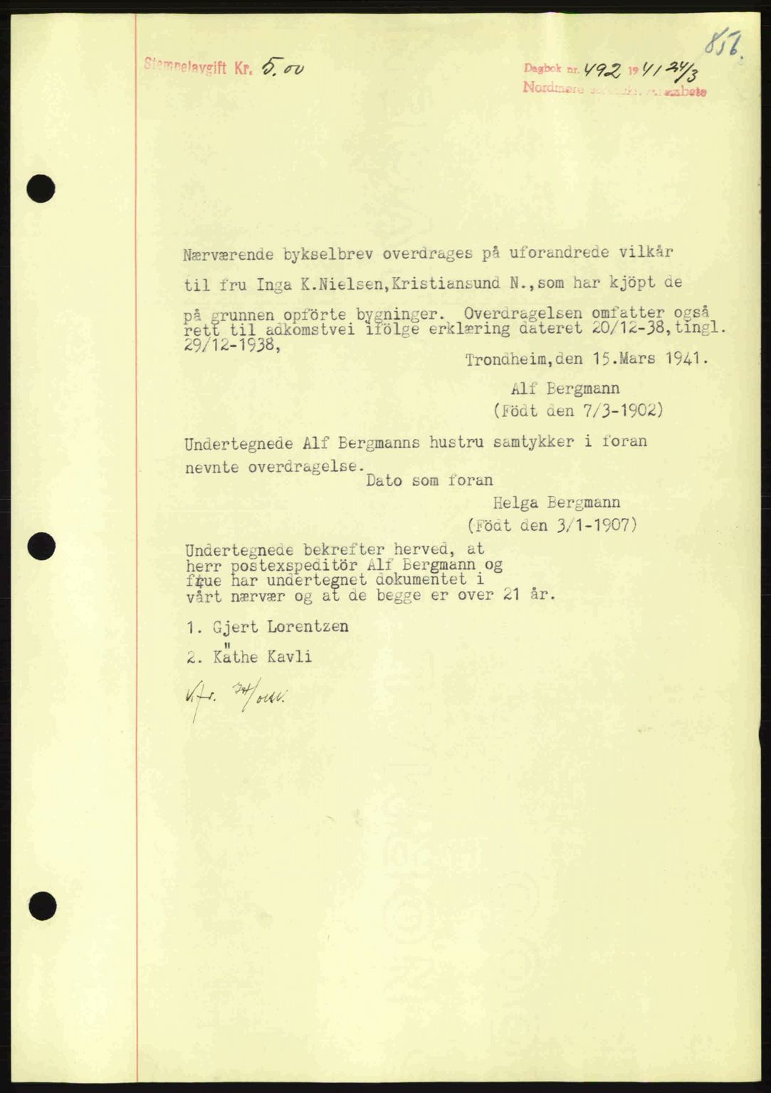 Nordmøre sorenskriveri, AV/SAT-A-4132/1/2/2Ca: Mortgage book no. B87, 1940-1941, Diary no: : 492/1941