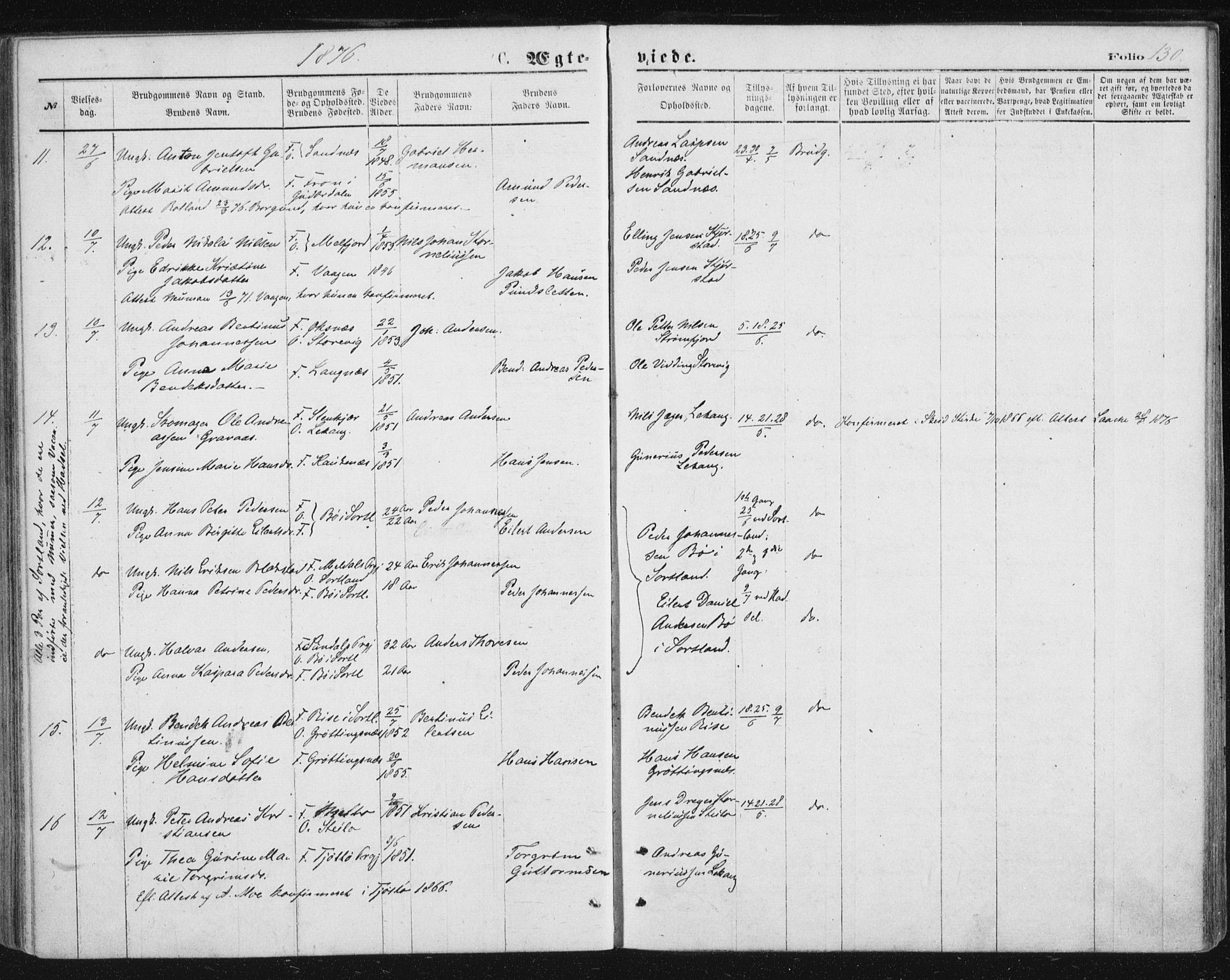 Ministerialprotokoller, klokkerbøker og fødselsregistre - Nordland, SAT/A-1459/888/L1243: Parish register (official) no. 888A09, 1876-1879, p. 130
