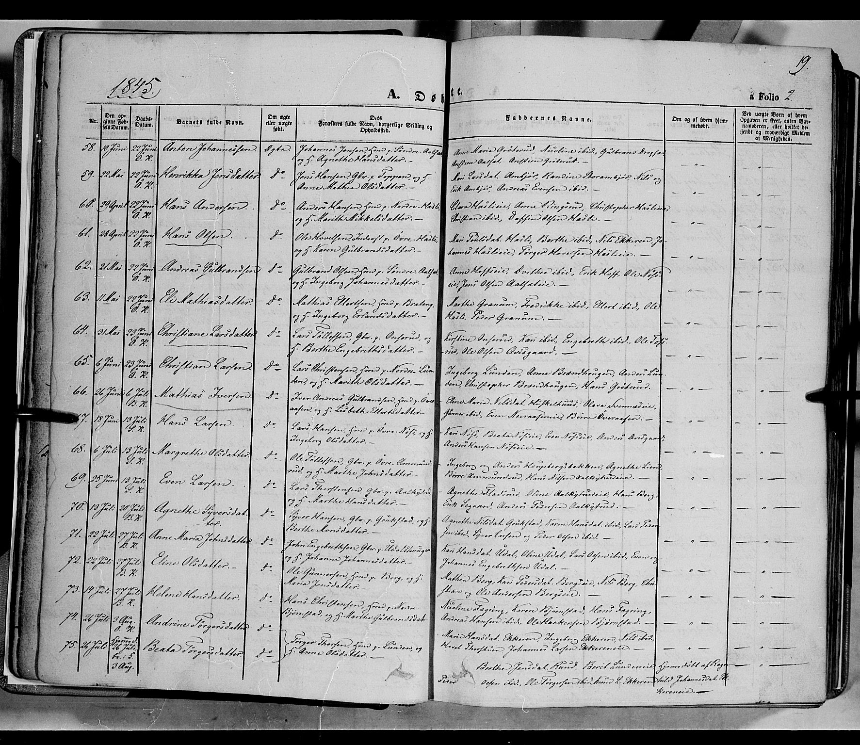 Biri prestekontor, SAH/PREST-096/H/Ha/Haa/L0005: Parish register (official) no. 5, 1843-1854, p. 19
