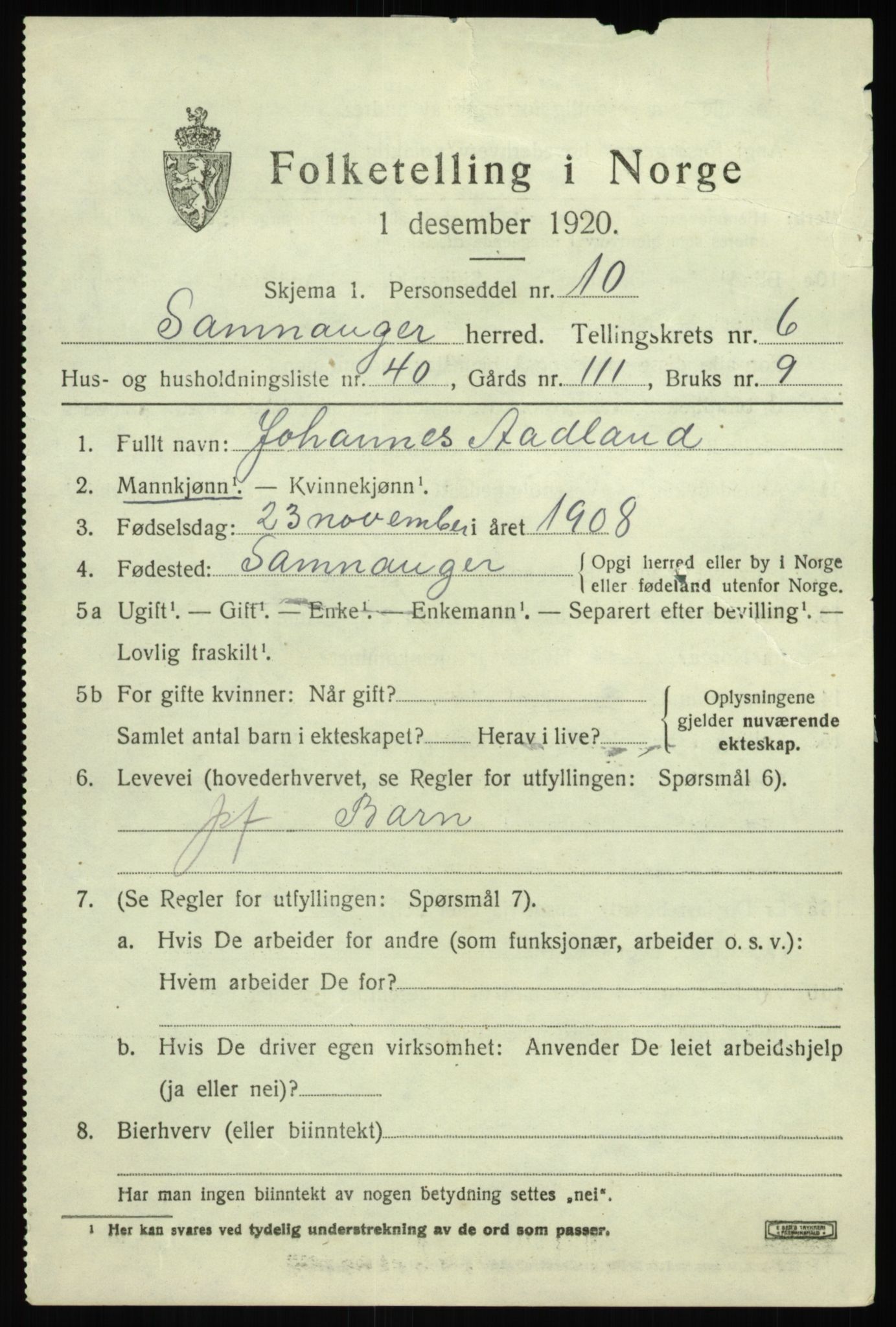 SAB, 1920 census for Samnanger, 1920, p. 2923