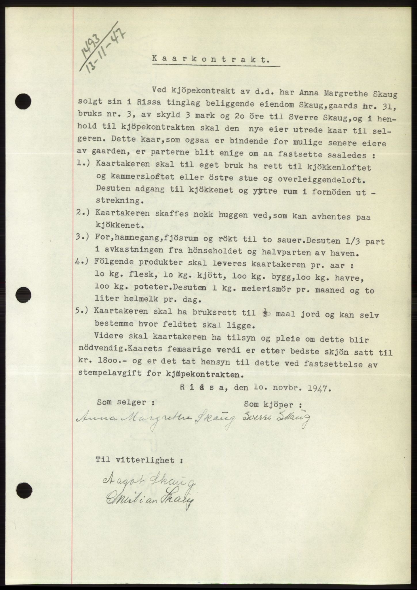 Fosen sorenskriveri, AV/SAT-A-1107/1/2/2C: Mortgage book no. B, 1946-1948, Diary no: : 1493/1947