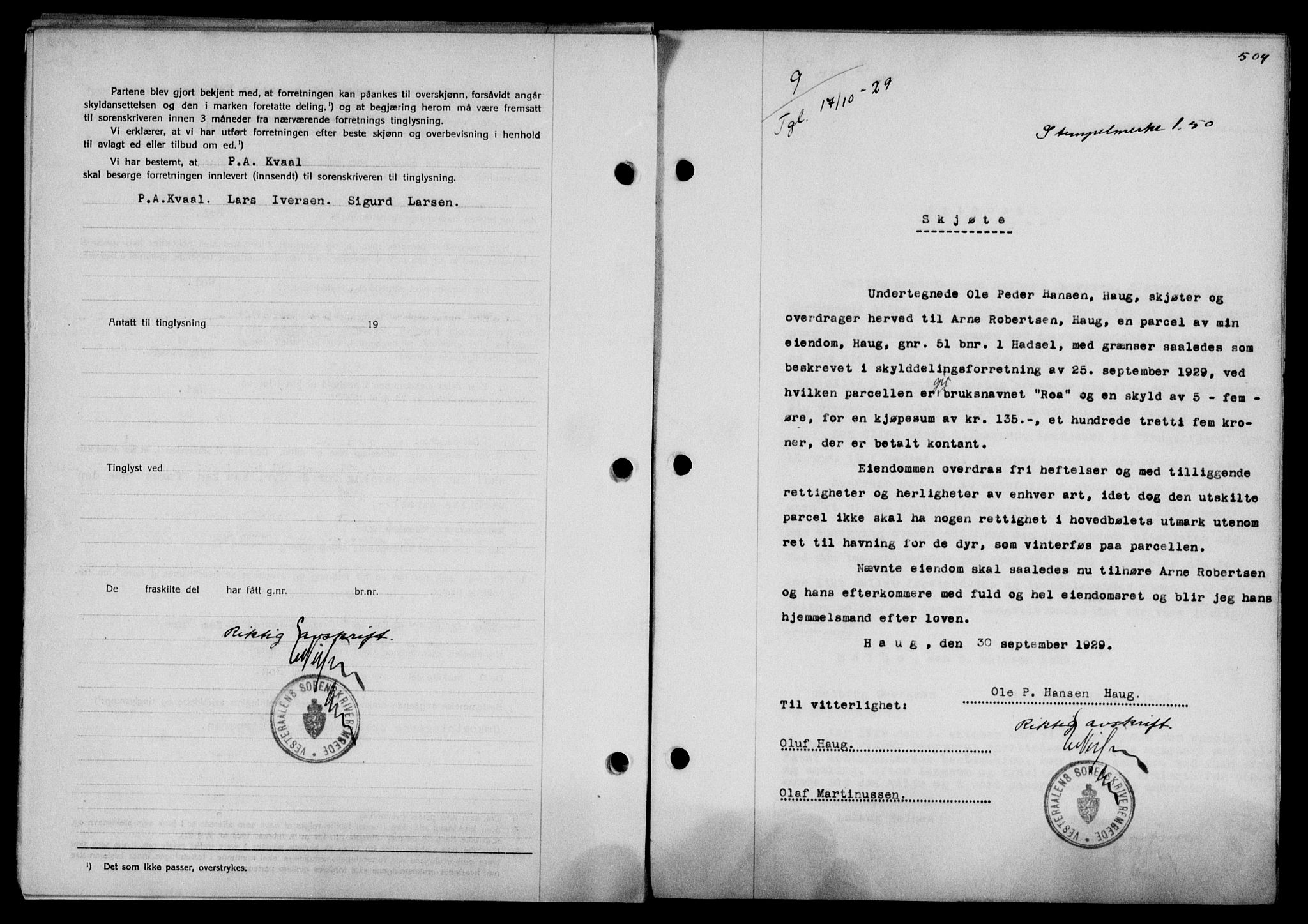 Vesterålen sorenskriveri, SAT/A-4180/1/2/2Ca/L0049: Mortgage book no. 42, 1929-1929, Deed date: 17.10.1929